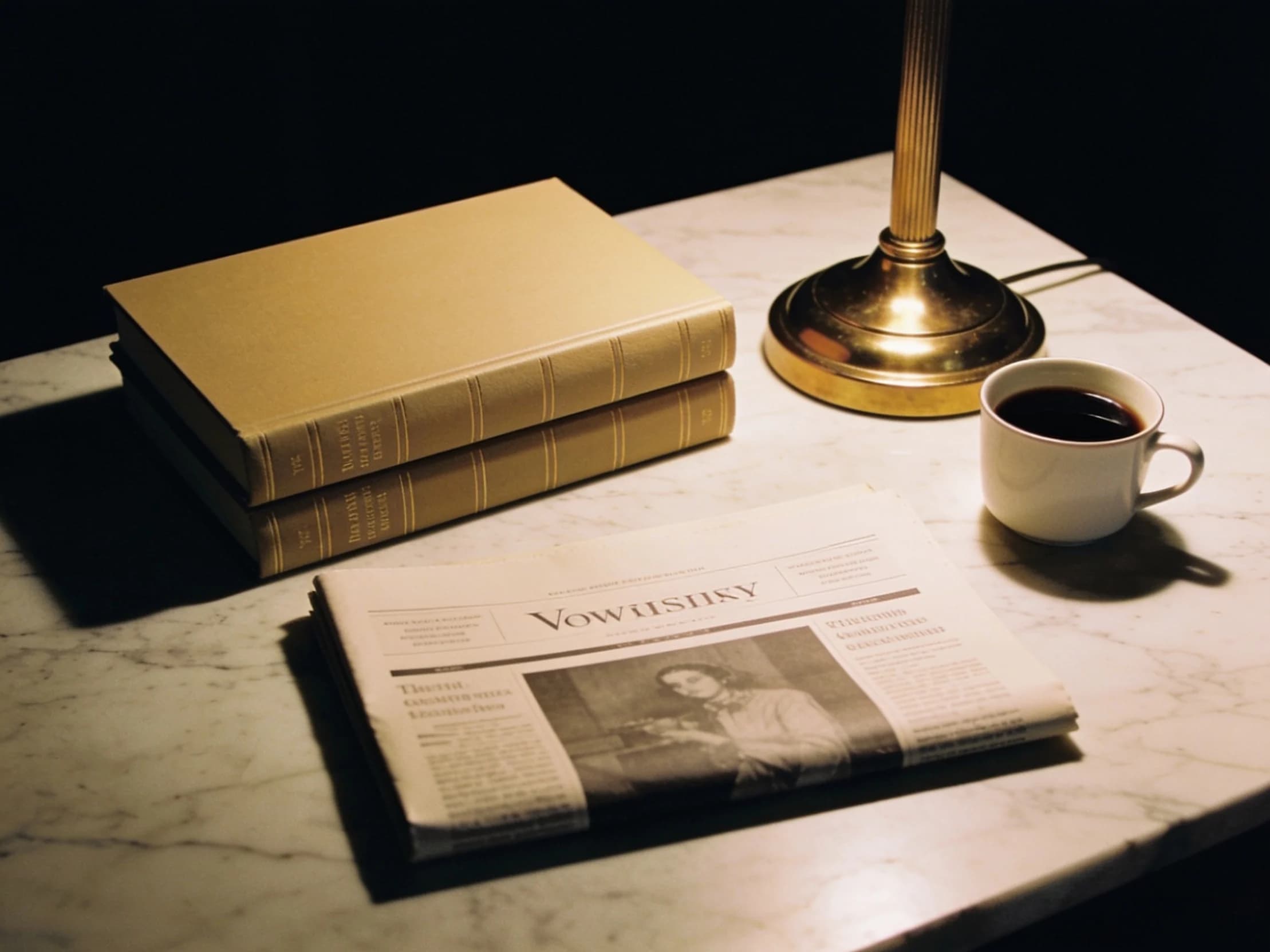 A stack of hardback books and a folded newspaper on marble beside a brass reading lamp.