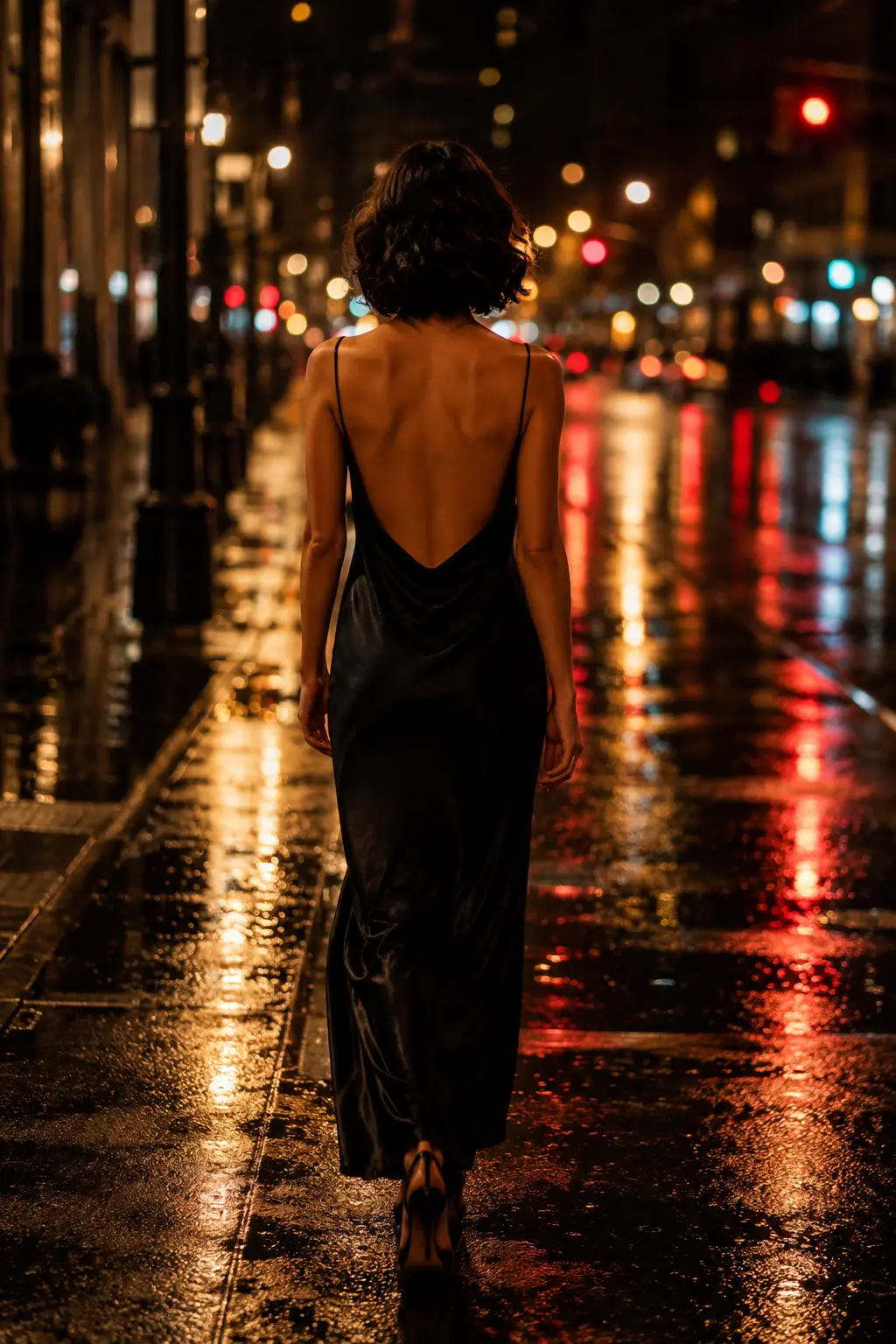 Camille in a long overcoat, walking away along a rain-wet city street at night.