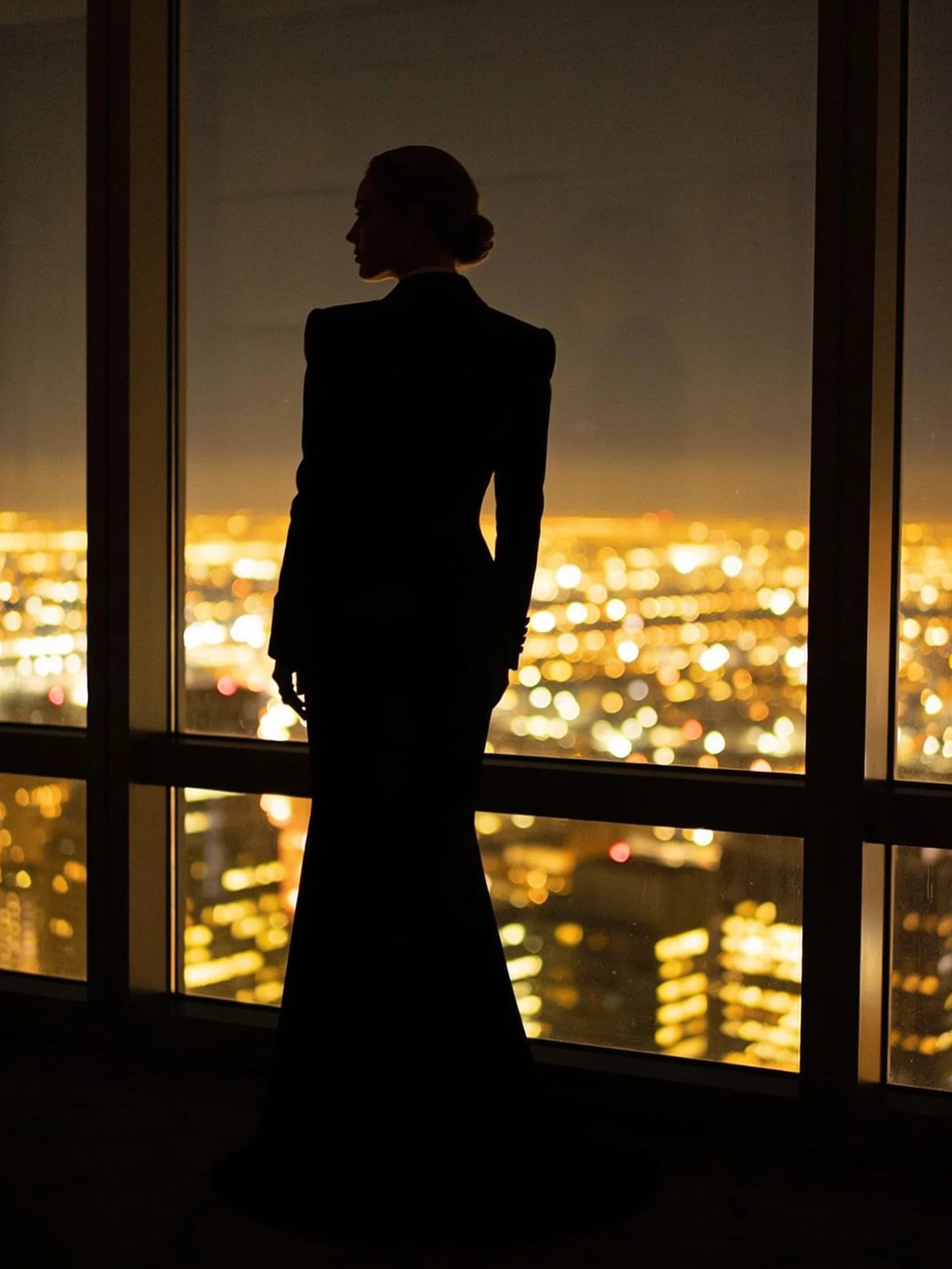 Vivienne in silhouette at a tall window, city lights beyond, at night.