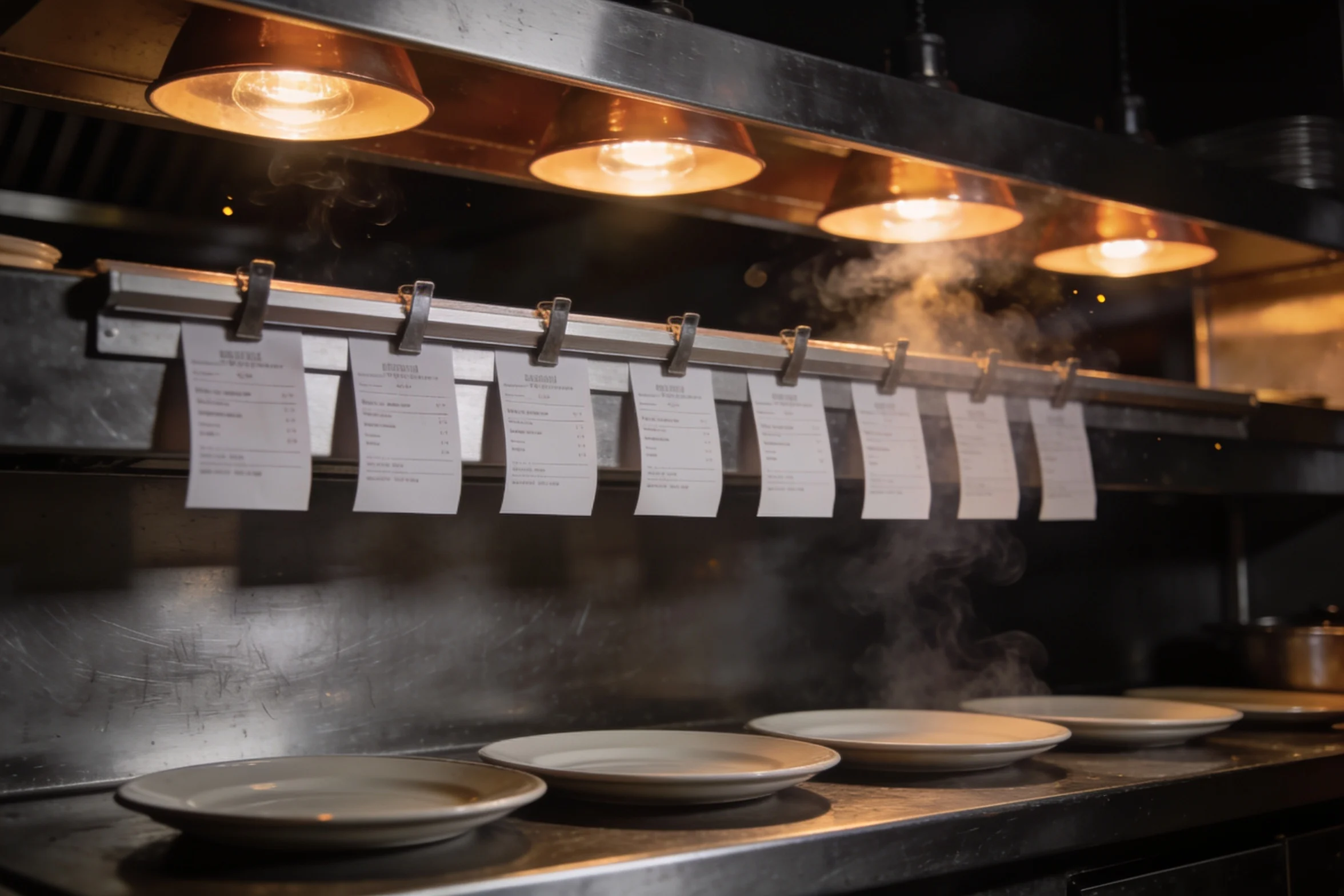 A restaurant pass at service, printed tickets clipped above stainless steel under warm light.