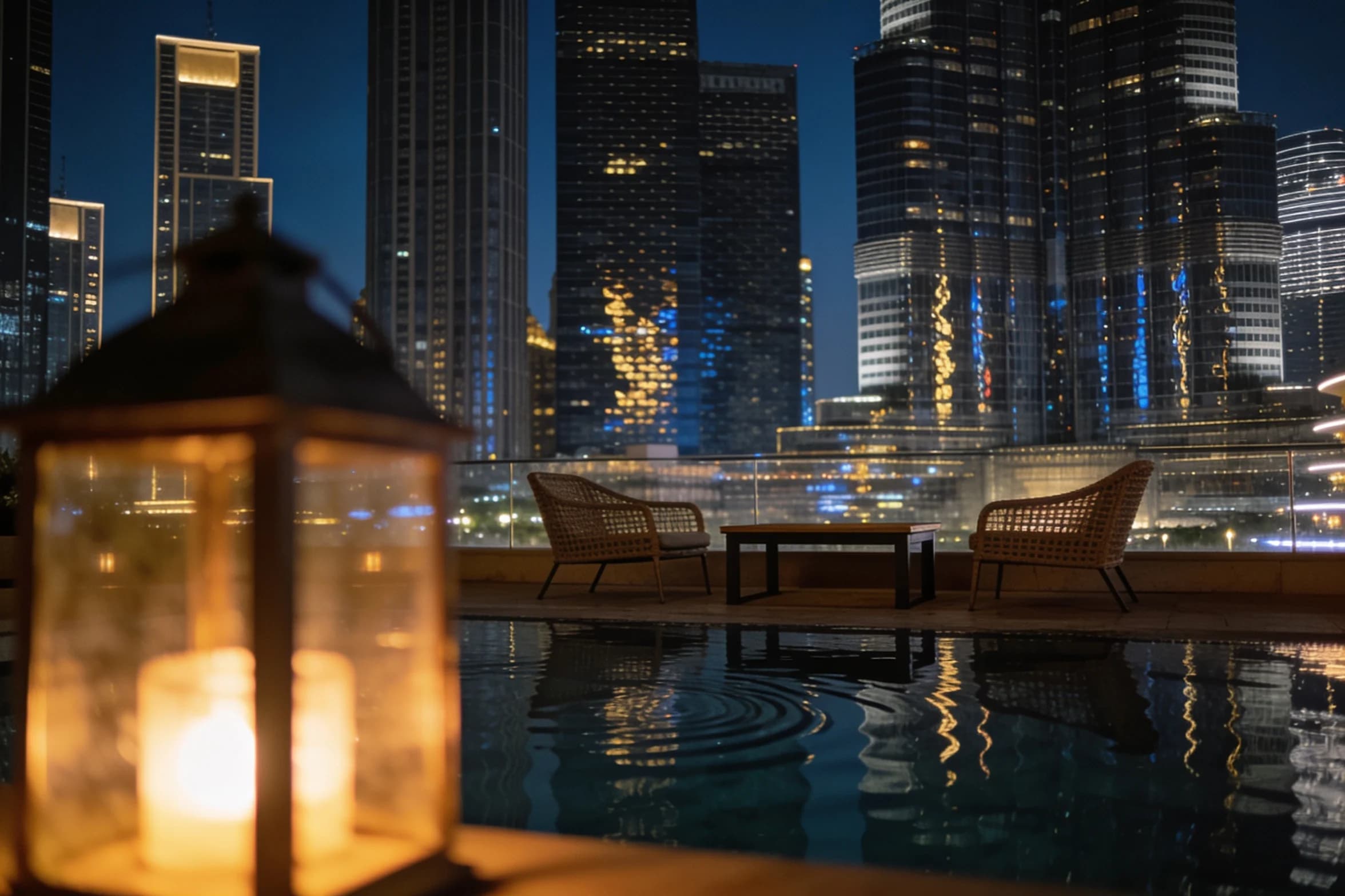 A hotel terrace bar in Dubai after dark, glass towers behind a still reflecting pool.