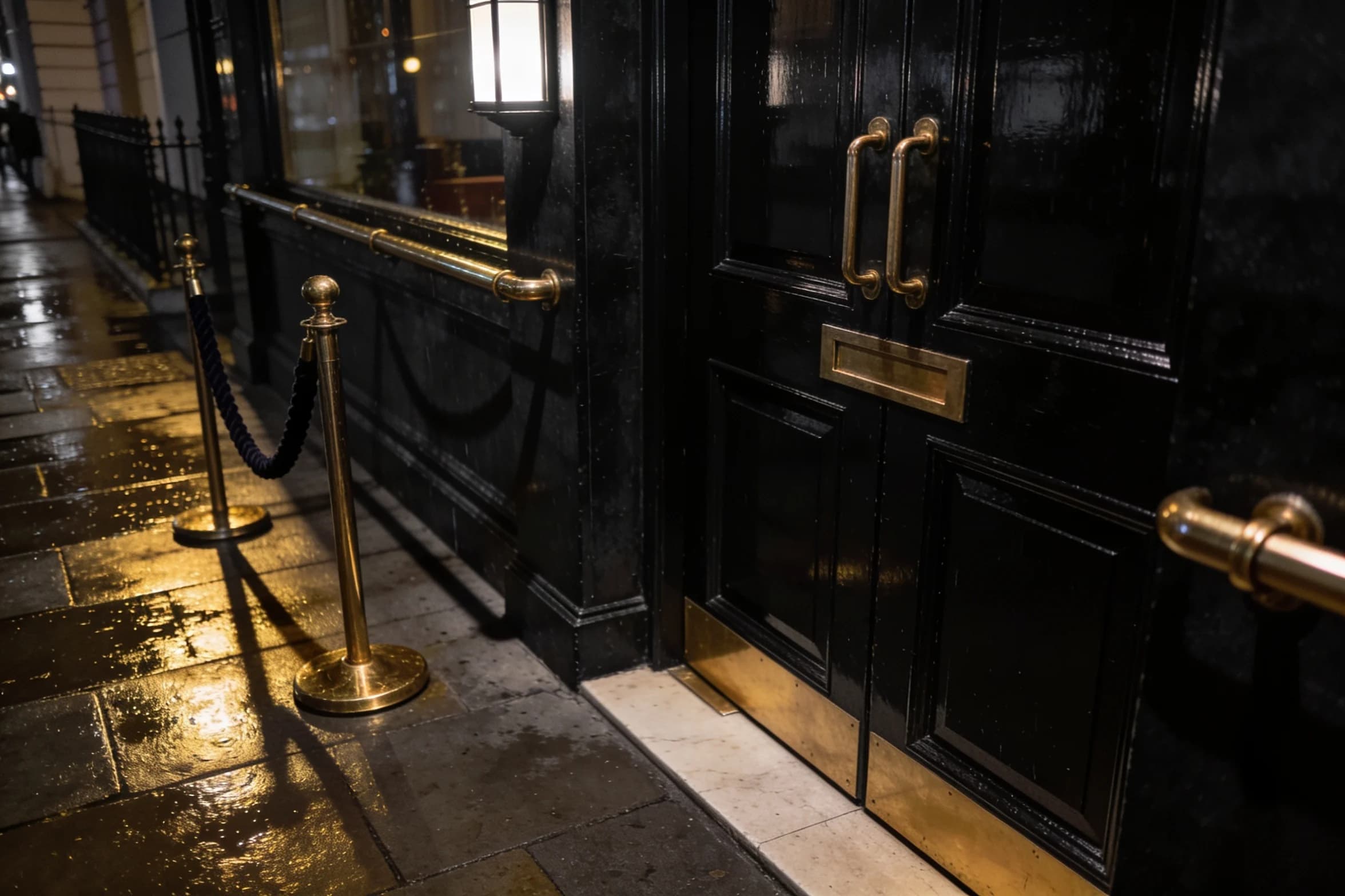 A Mayfair club doorway at night, brass handrail and a velvet rope, rain on the pavement.