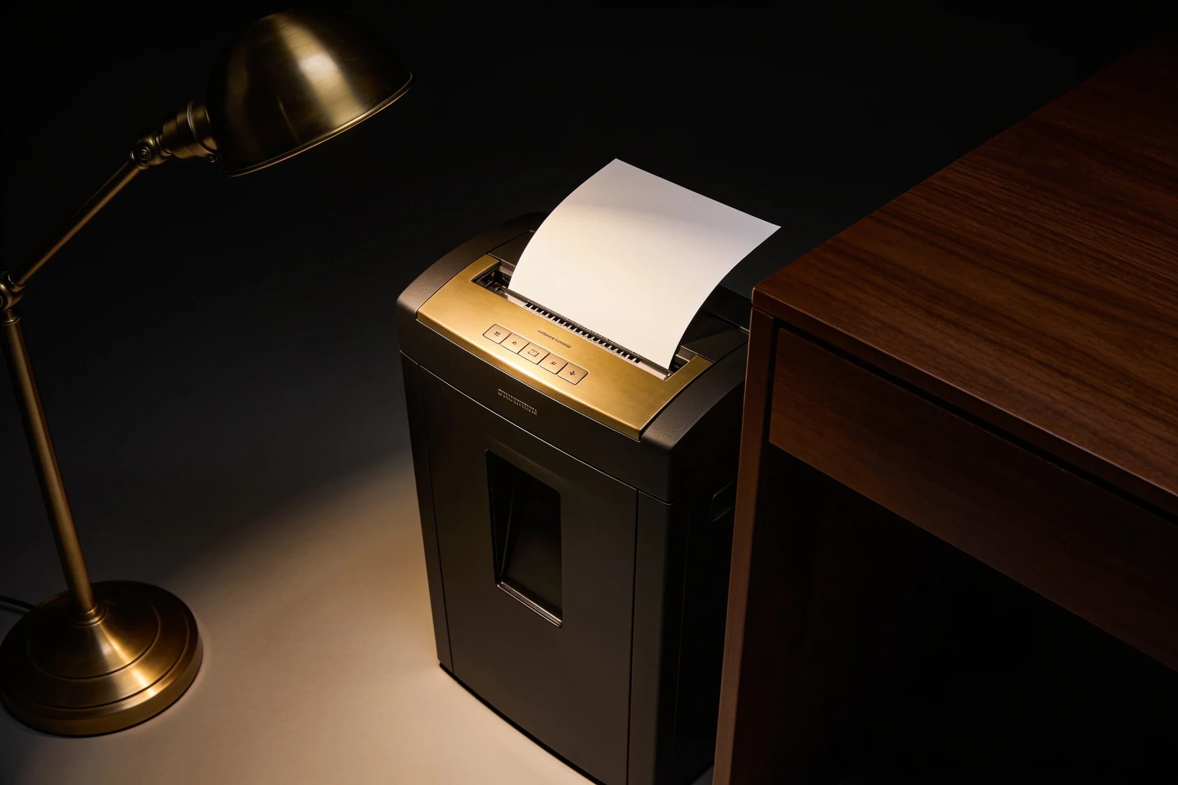 A shredder beside a desk at night, a single sheet half fed into it under a brass lamp.