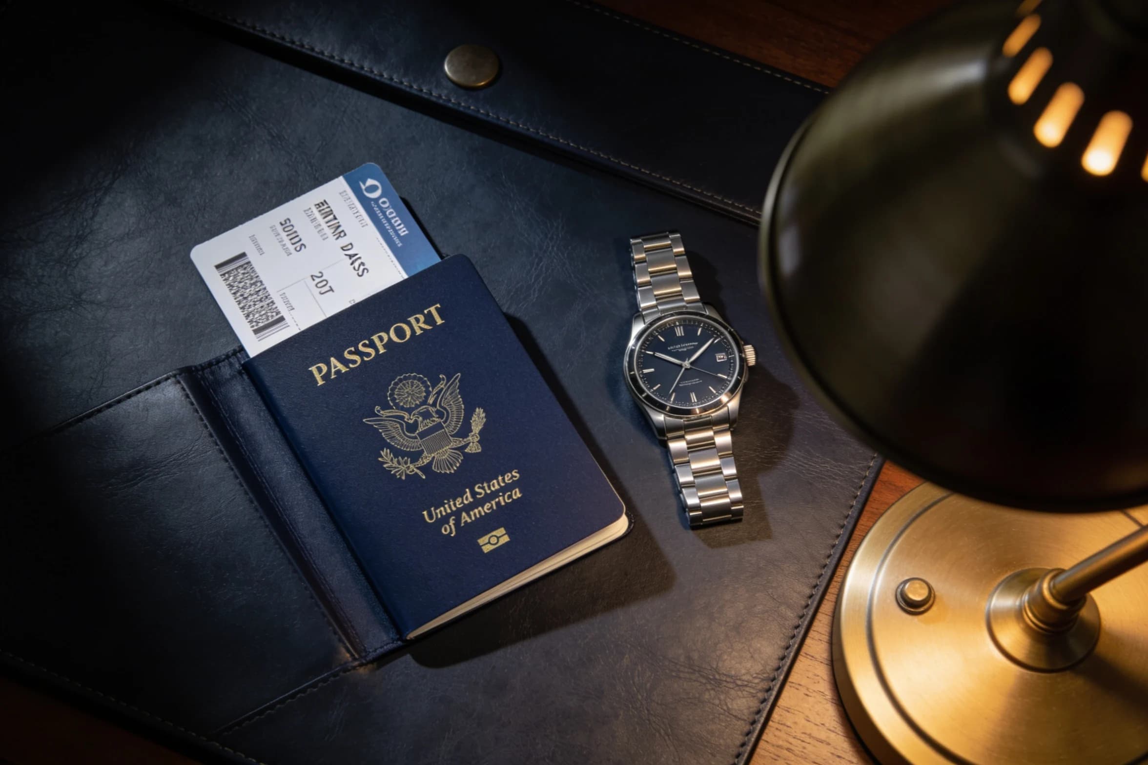 A passport open on a leather desk beside a boarding pass and a watch, from directly above.
