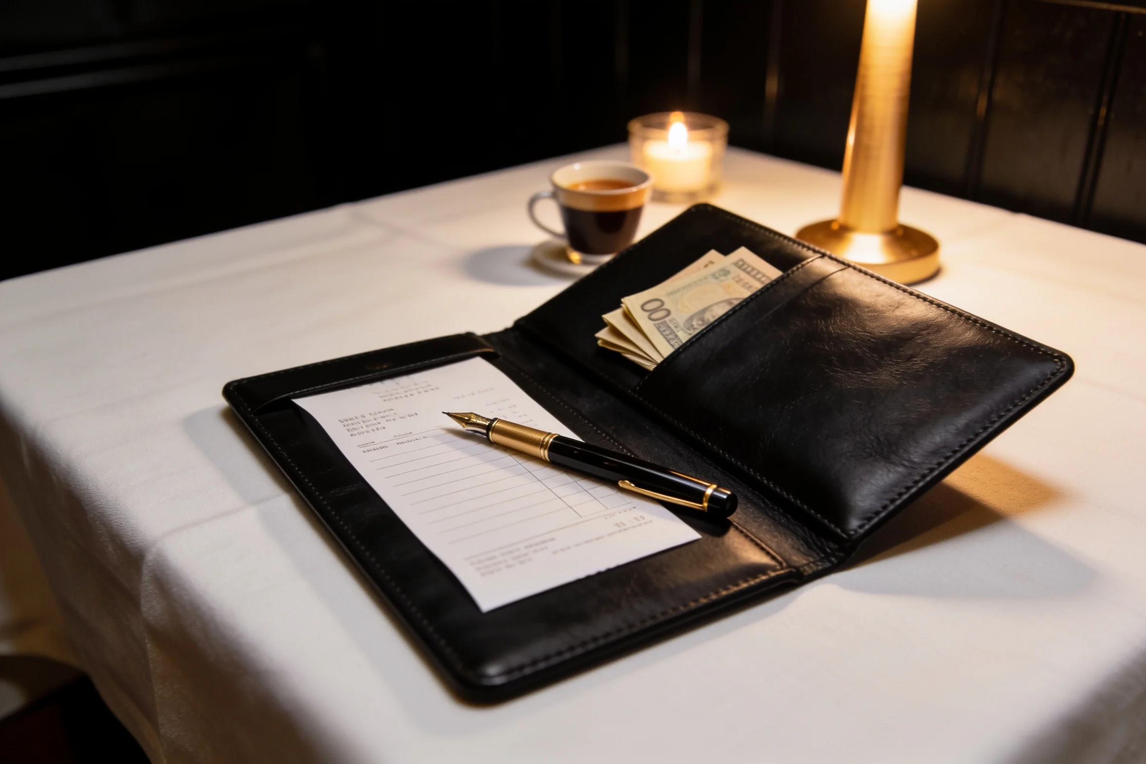 A leather bill folder open on a white tablecloth, a printed bill and a fountain pen inside it, folded notes in the pocket.