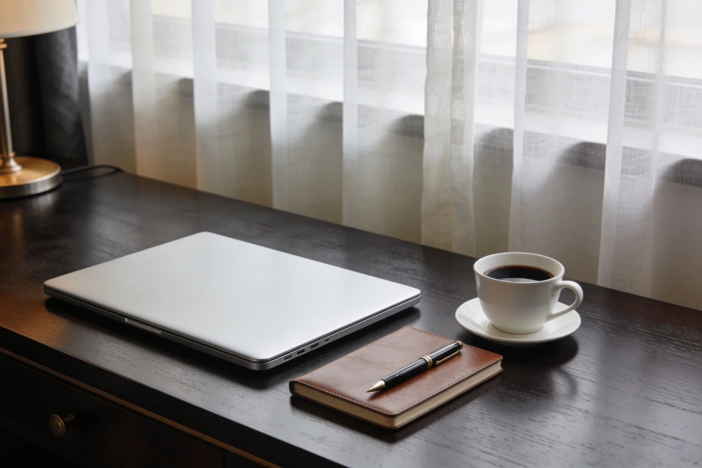 A laptop closed on a hotel writing desk beside a notepad and a cup of coffee, morning light.