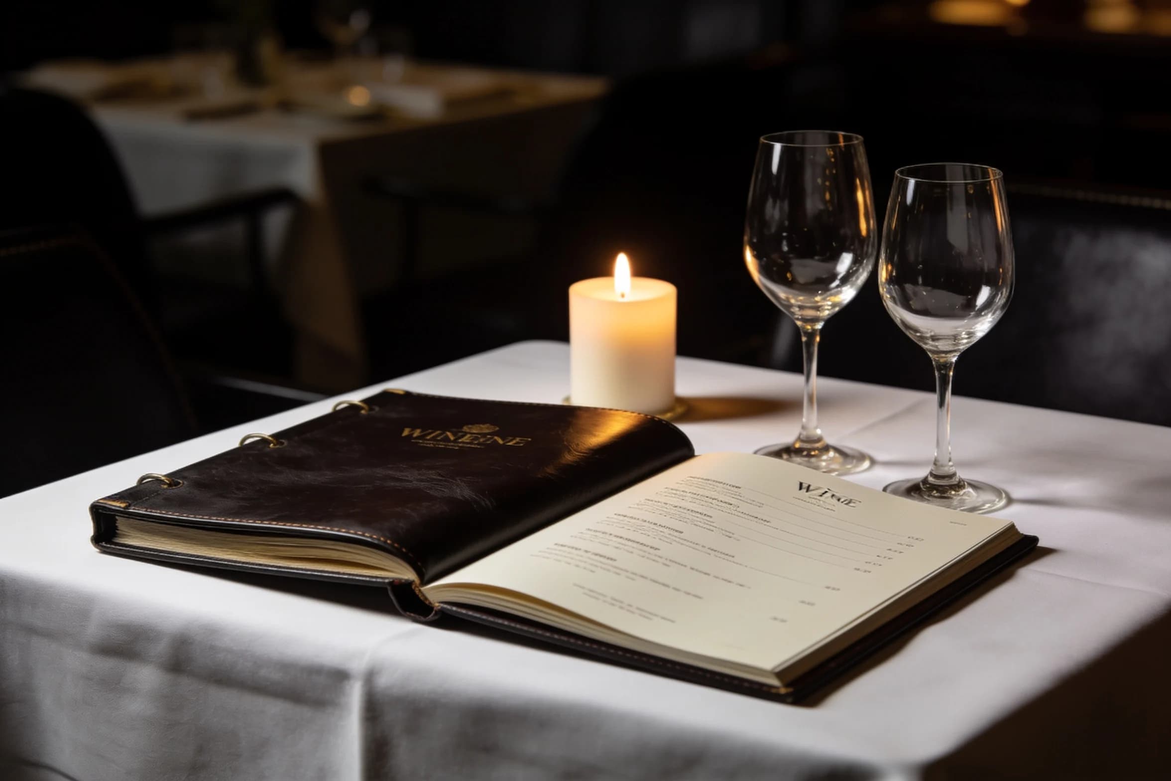 A leather-bound wine list open on a white linen table beside two empty glasses, by candlelight.