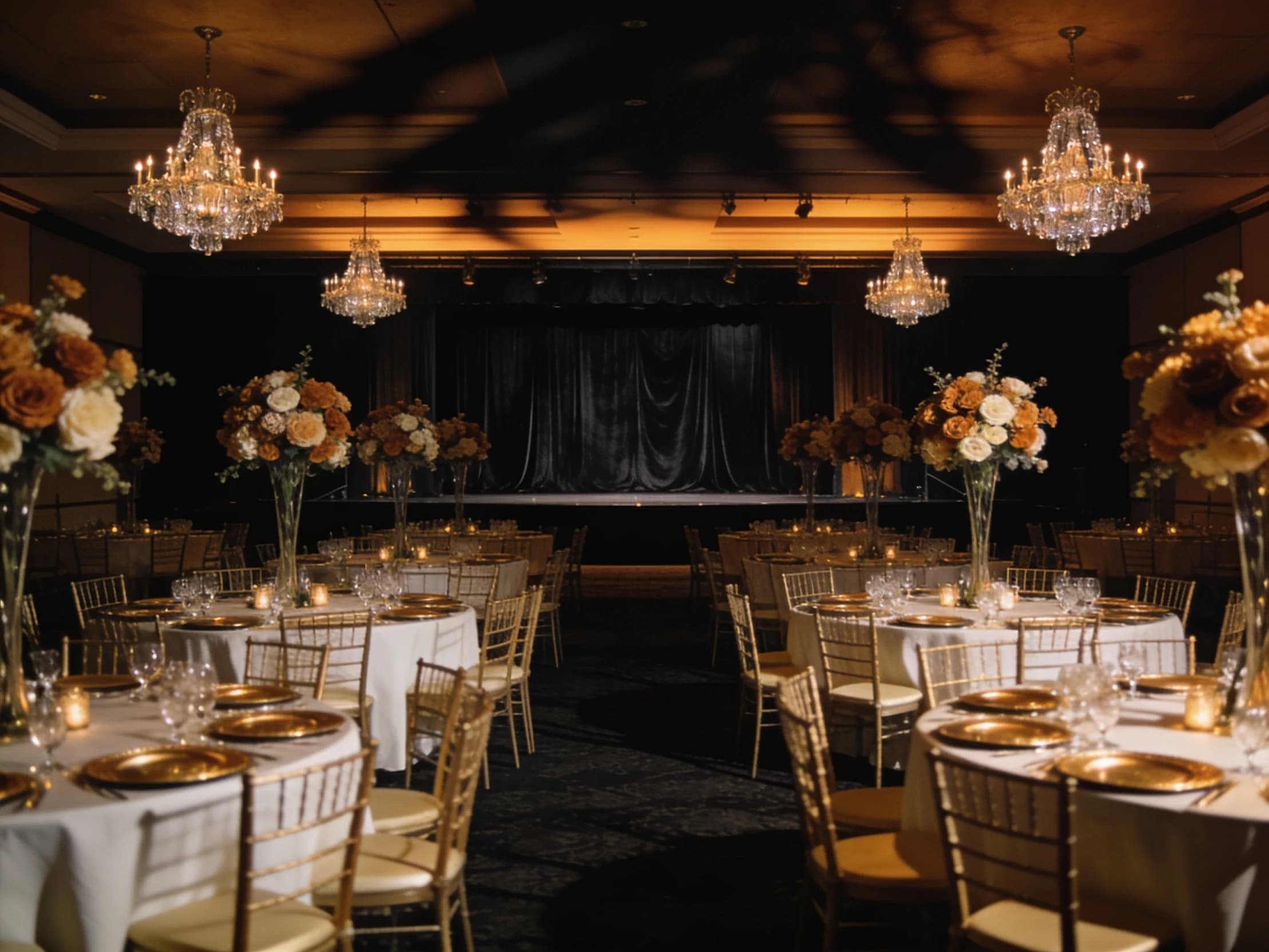 An empty hotel ballroom laid for a corporate dinner, round tables under dimmed chandeliers.
