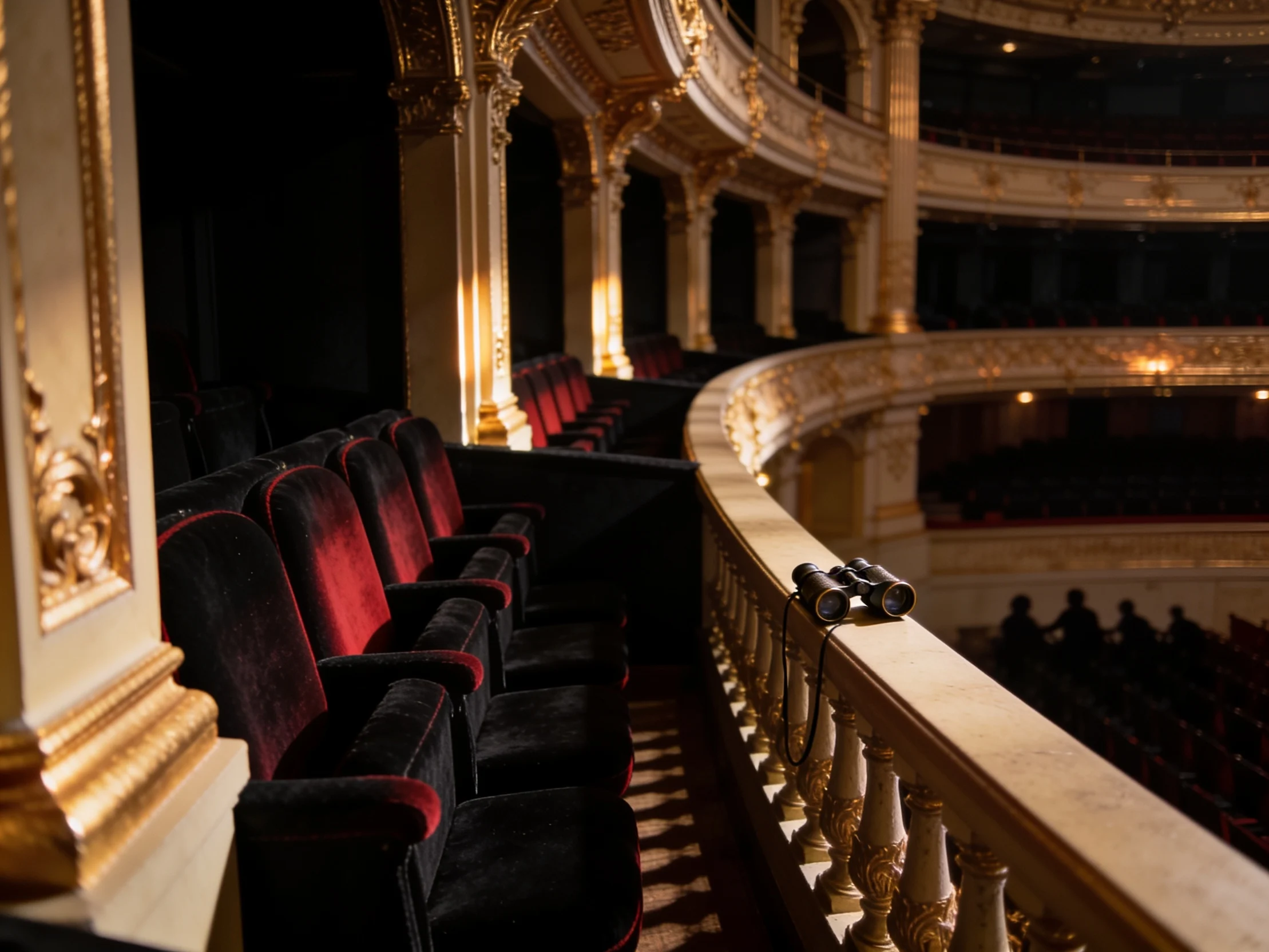 An empty box in a historic opera house, gilded plasterwork and velvet seats, opera glasses on the balustrade.