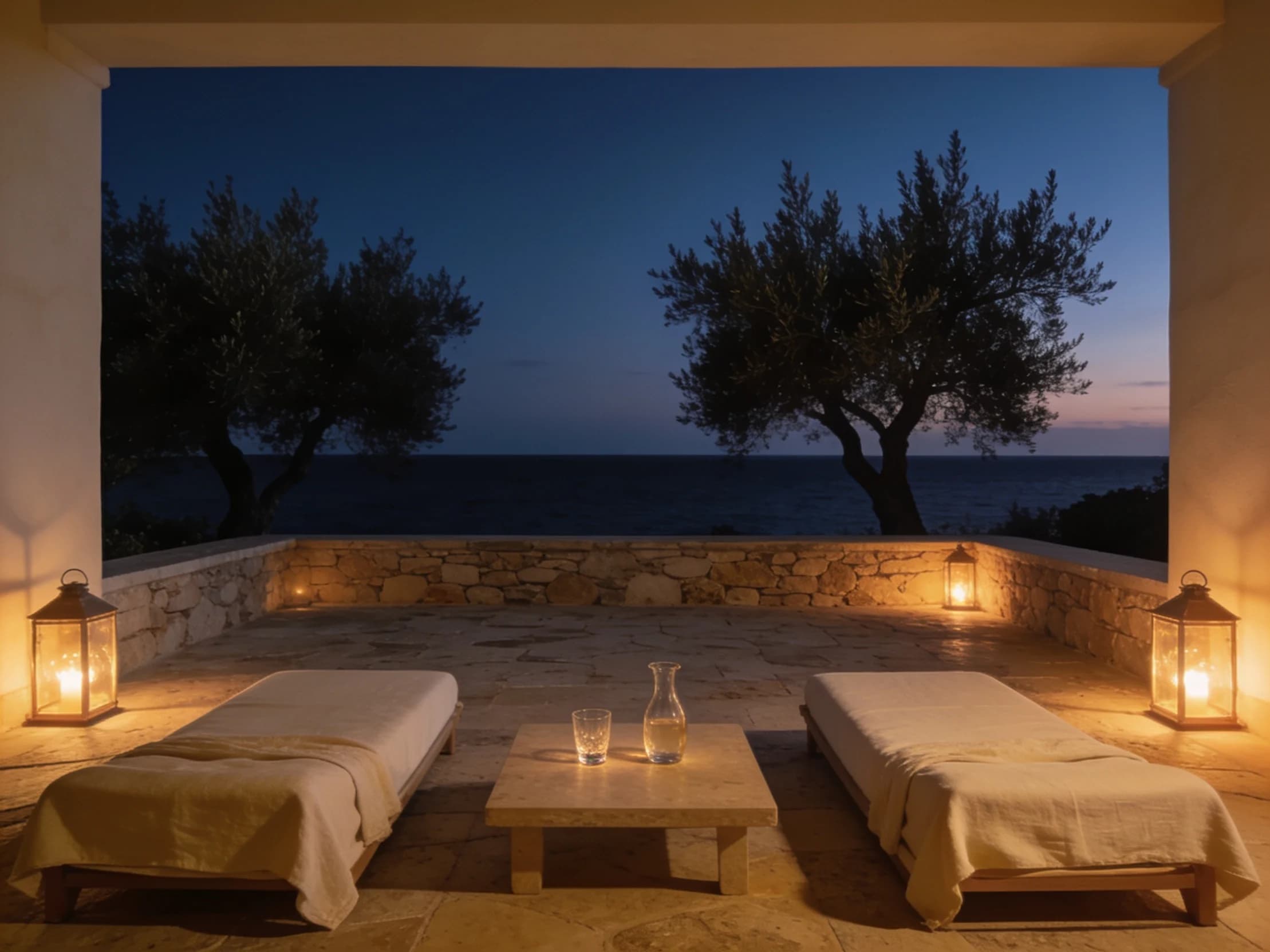 A Mediterranean villa terrace at dusk, two loungers and a carafe, the sea a dark band beyond.