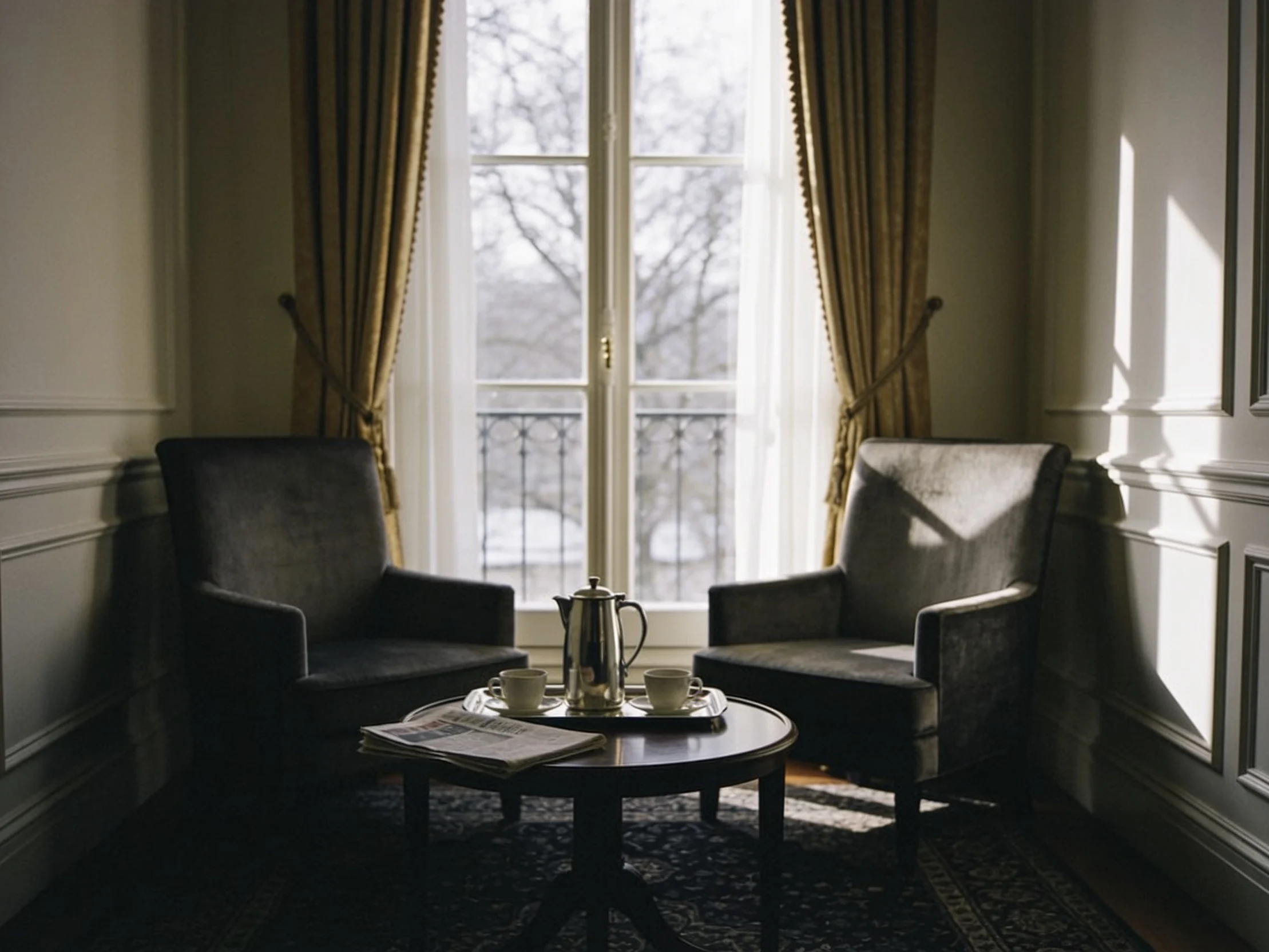 A hotel suite sitting room on a winter morning, two armchairs and a coffee tray by a tall window.
