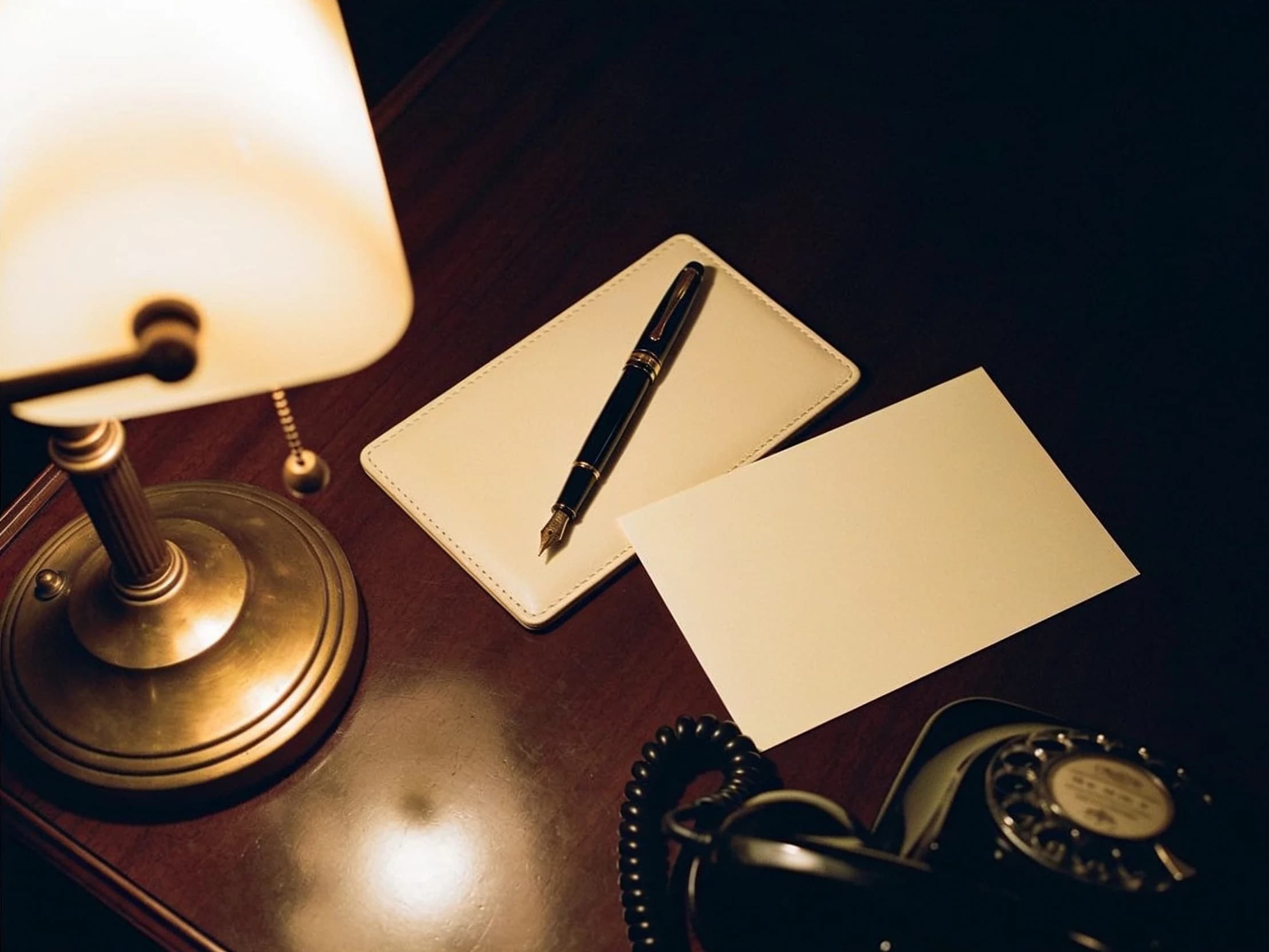 A concierge desk from above, a fountain pen on a leather blotter under a brass lamp.
