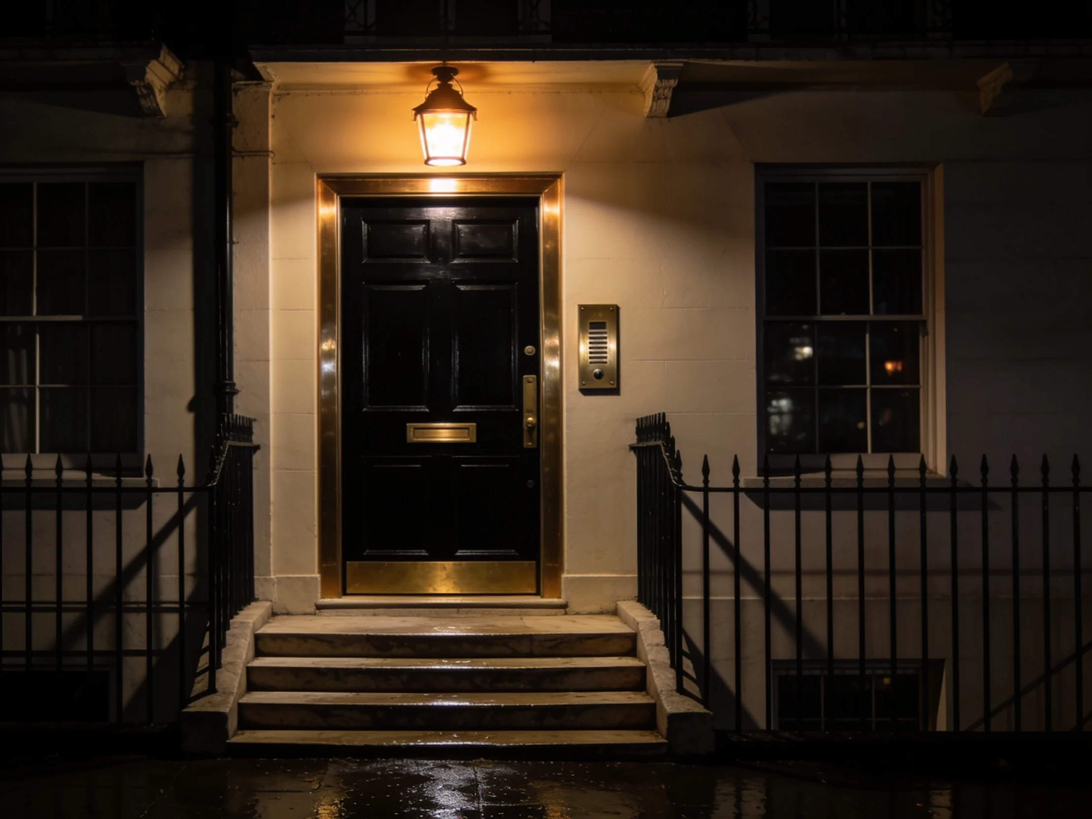 A discreet black townhouse door at night with a polished brass surround and no nameplate.