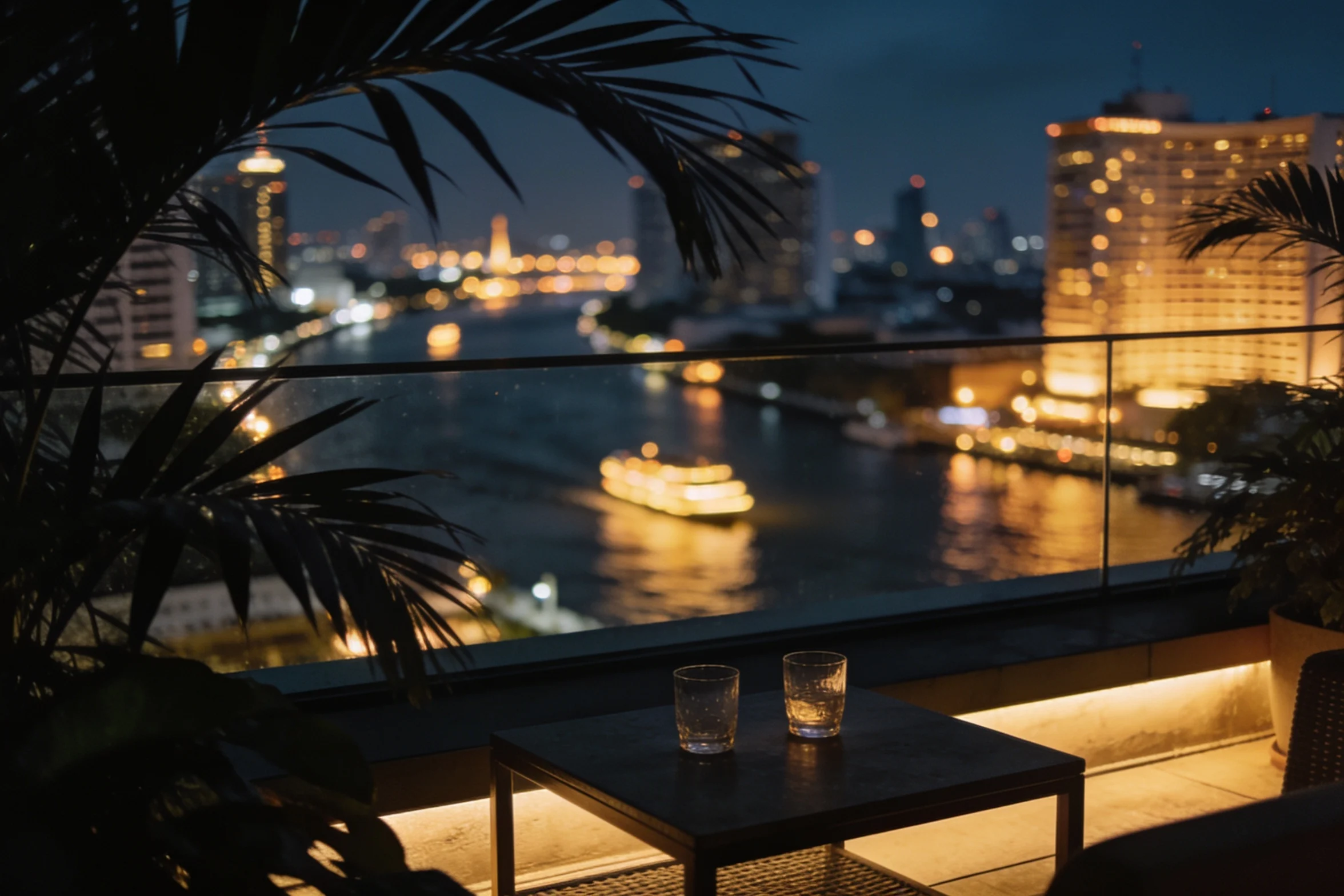 A rooftop terrace above the Chao Phraya river at night, amber city lights below.