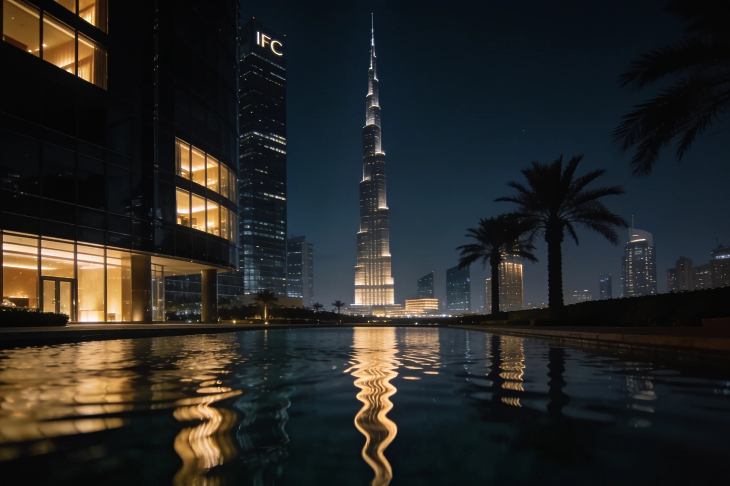 The DIFC financial district in Dubai after dark, glass towers reflected in a still pool.