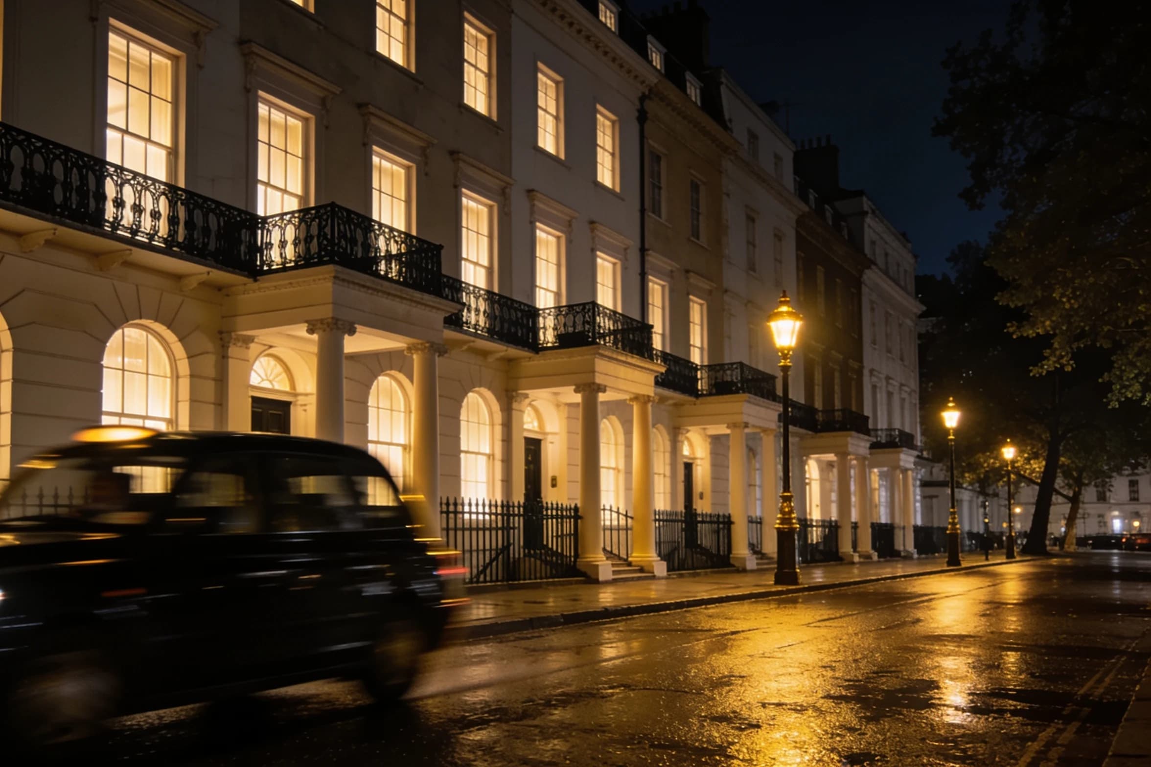 A Mayfair street at night, stucco townhouses and black railings, gold lamplight on wet pavement.