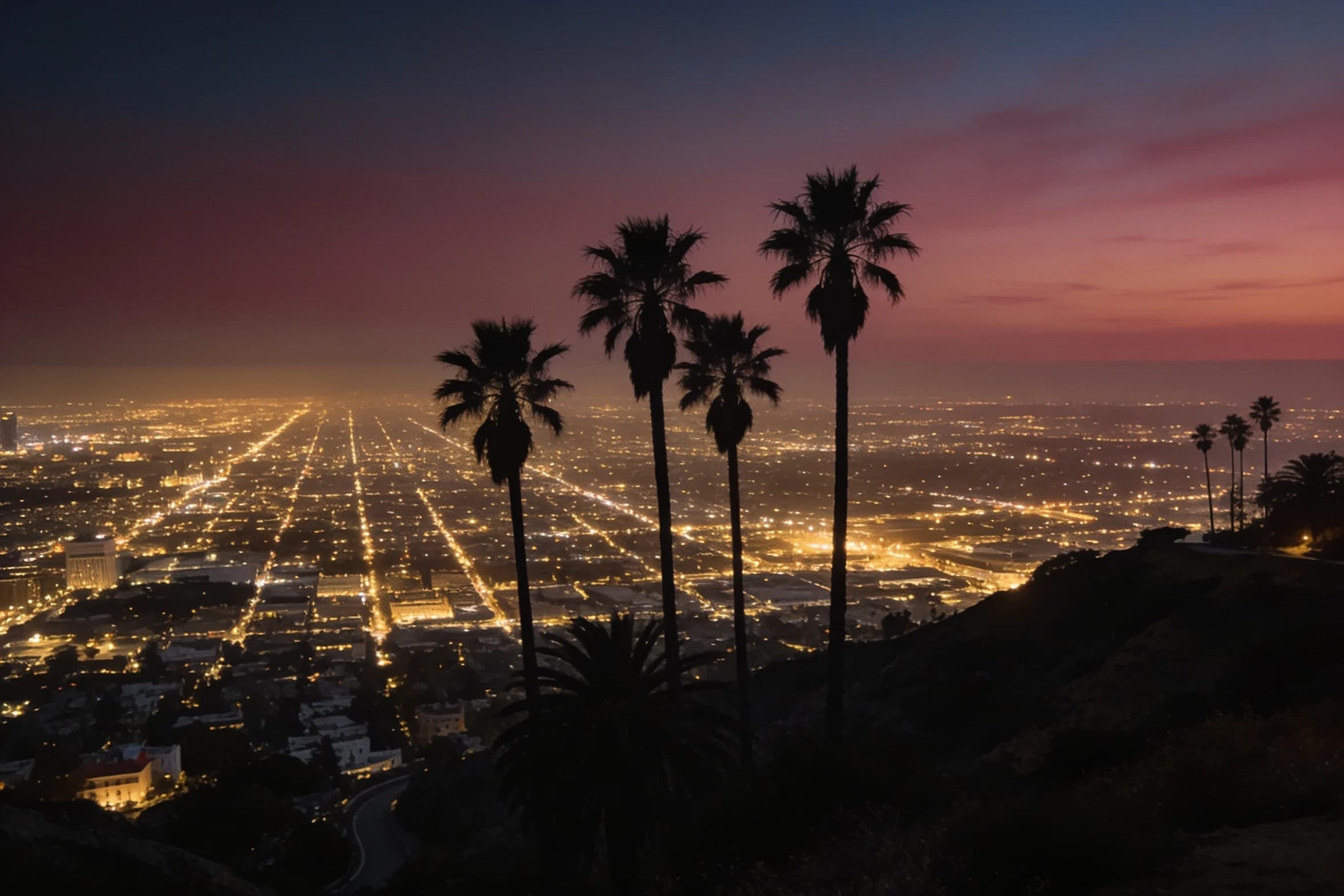 The Los Angeles basin at dusk seen from the hills, palms in silhouette above the city grid.