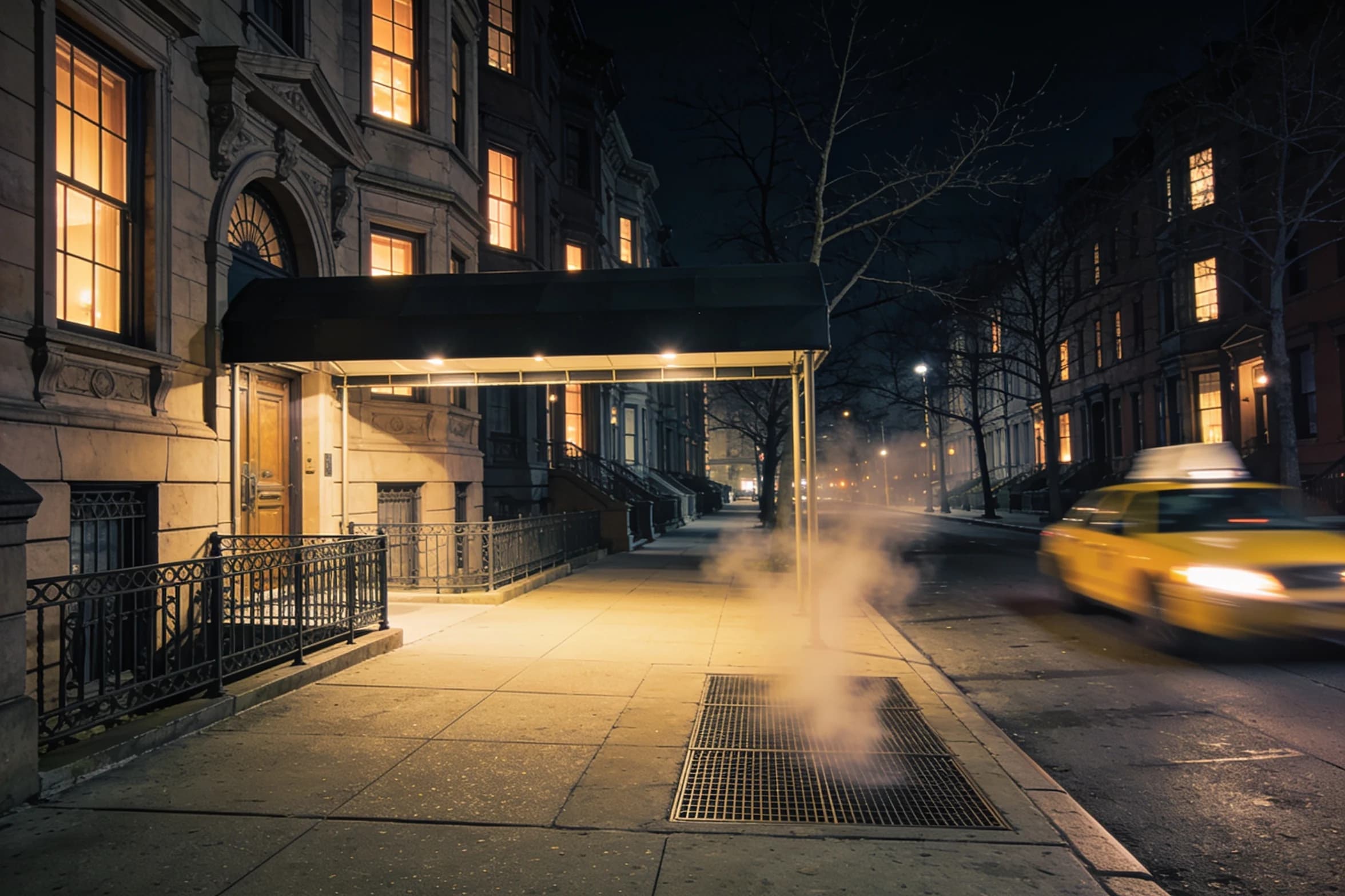 An Upper East Side street at night, limestone facades and canopied entrances under bare trees.