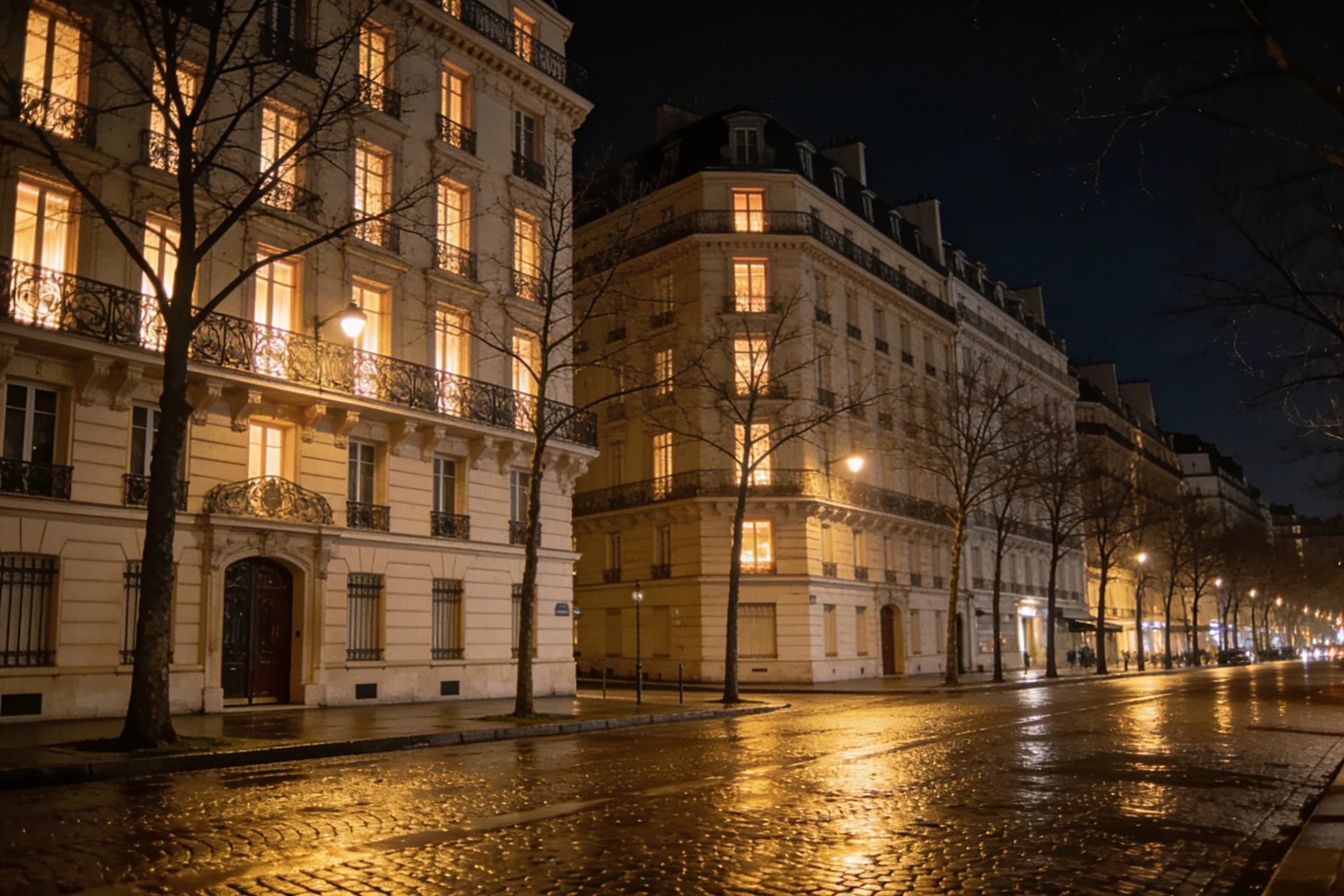 A Haussmann boulevard in the 8th arrondissement at night, wrought iron balconies above a wet cobbled street.
