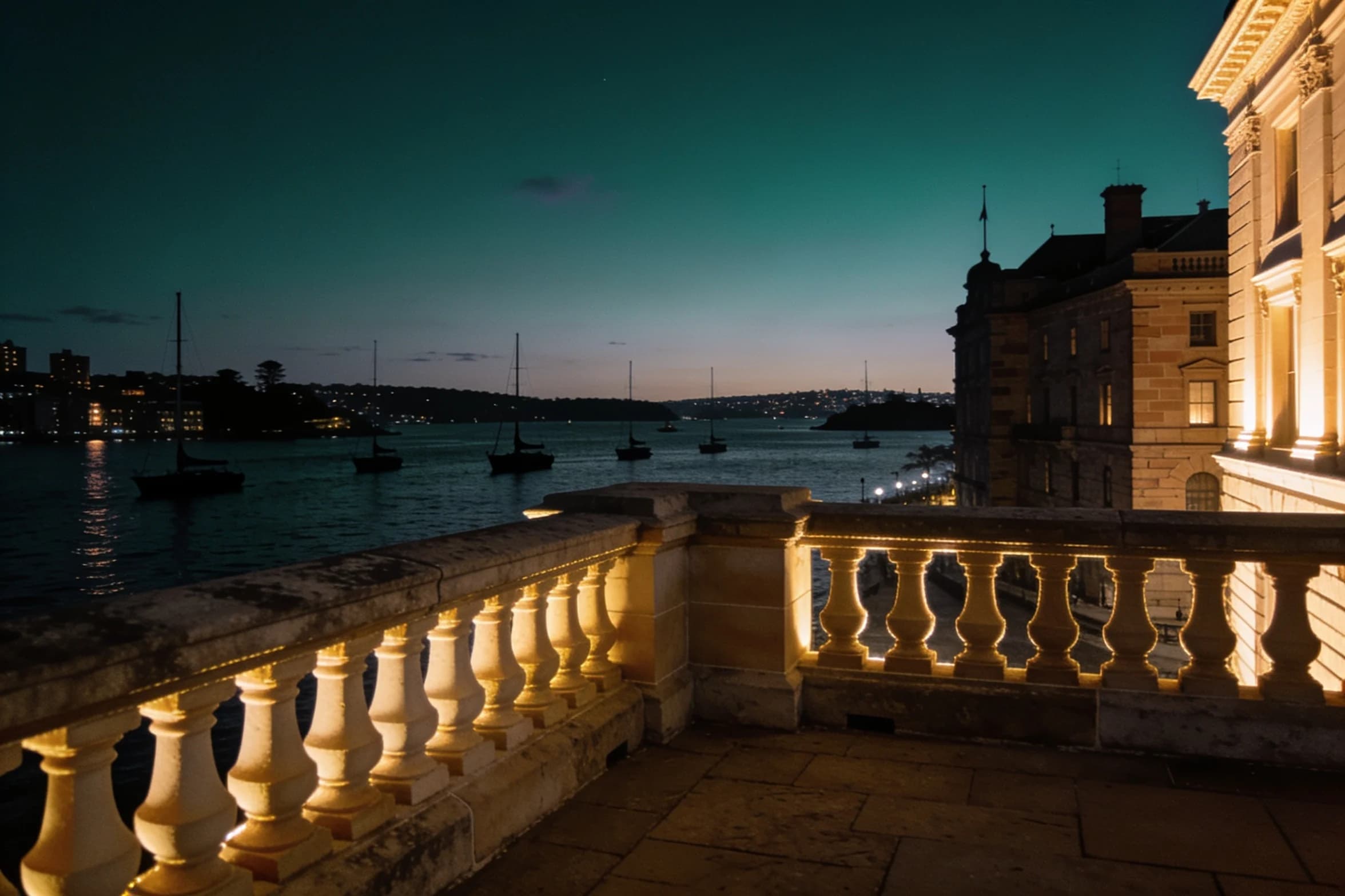 Sydney Harbour at dusk from a sandstone terrace, boats at anchor in silhouette.