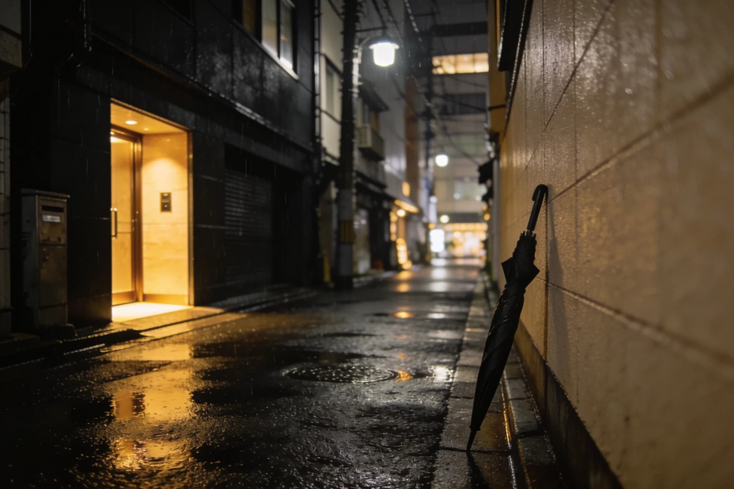 A narrow Ginza back street in the rain, gold light spilling from a single doorway onto wet asphalt.