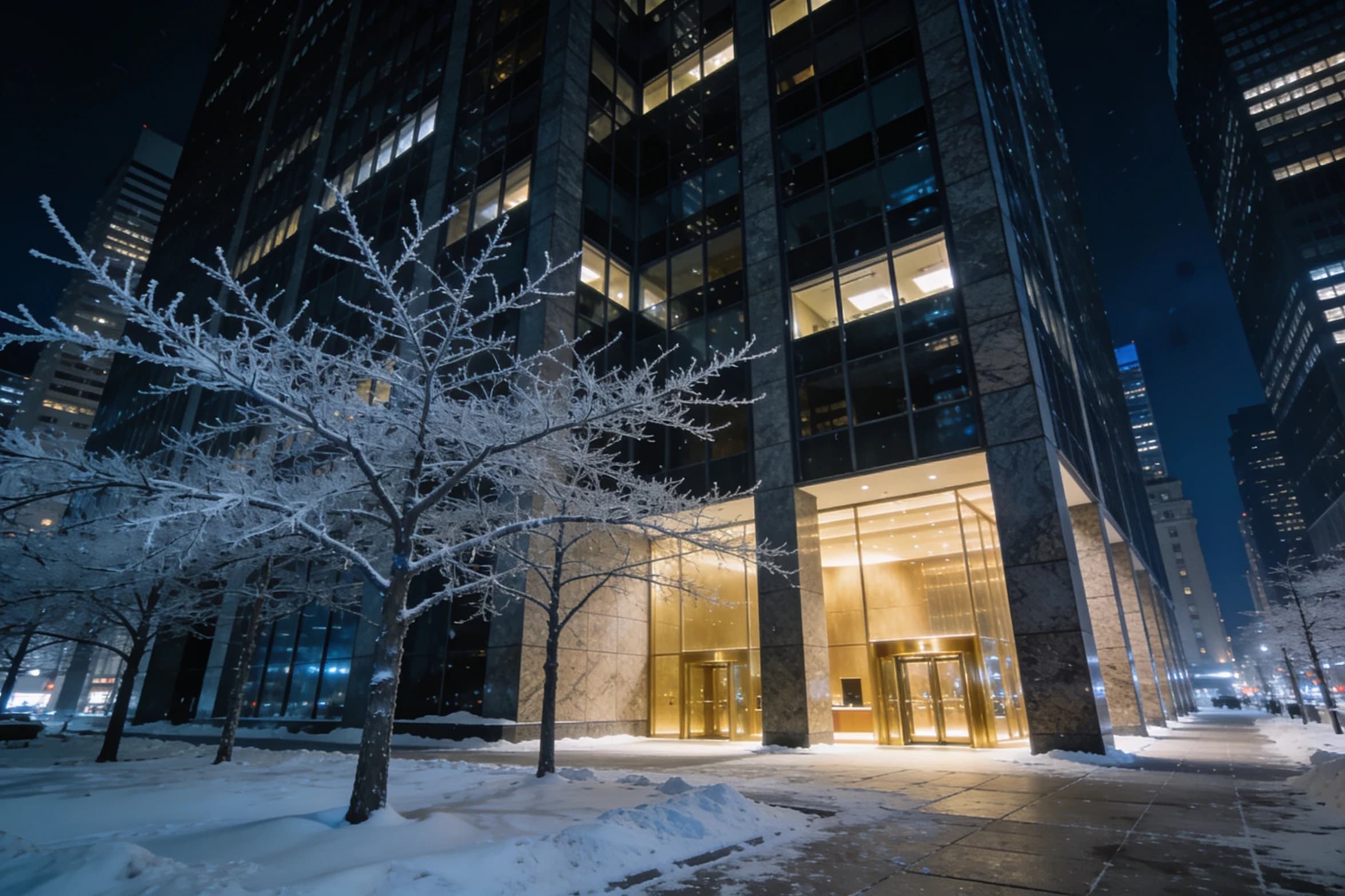 The Toronto financial district on a winter night, lobby light spilling onto snow-dusted pavement.