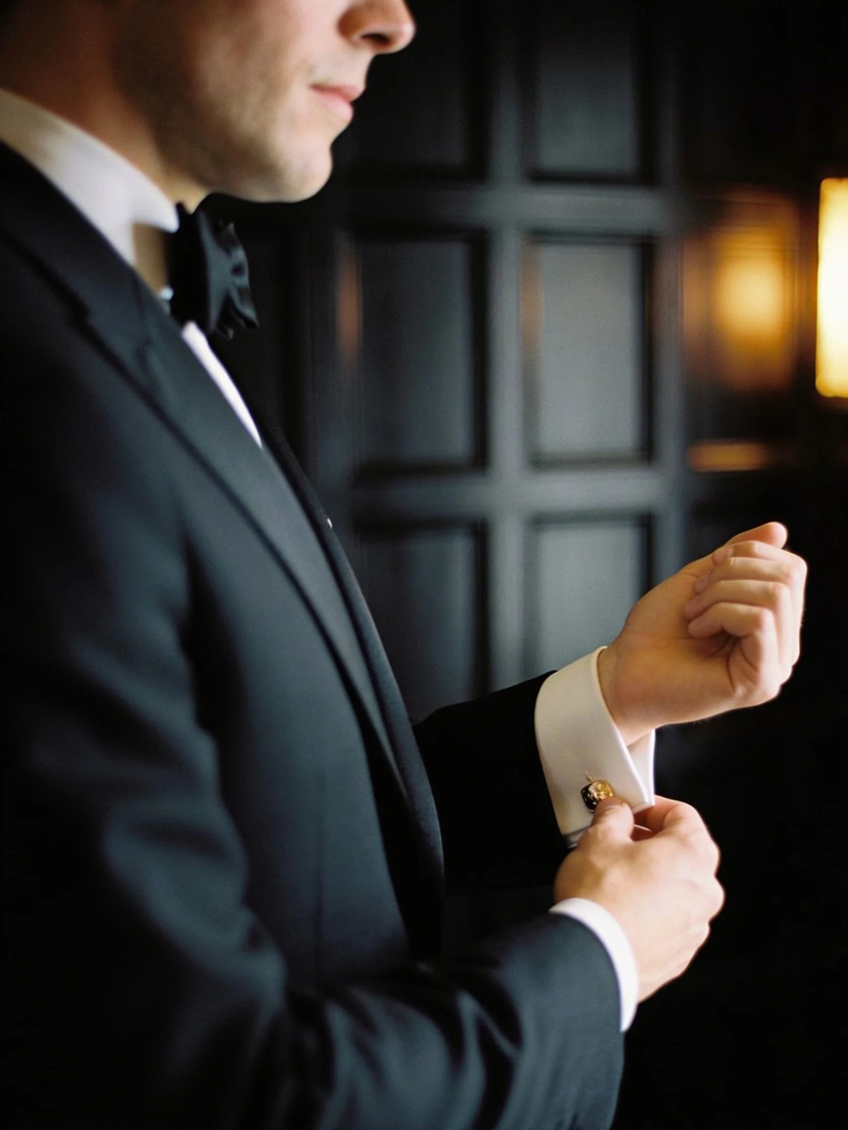 Dominic in a black dinner jacket, adjusting a cuff, photographed from behind in a panelled room.
