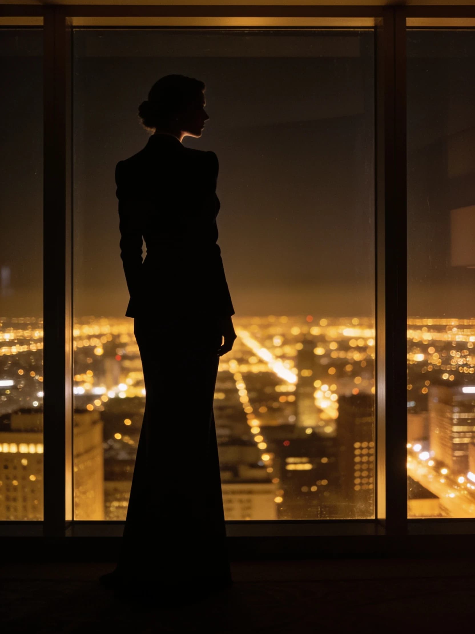 Geneviève in silhouette at a tall window, city lights beyond, at night.