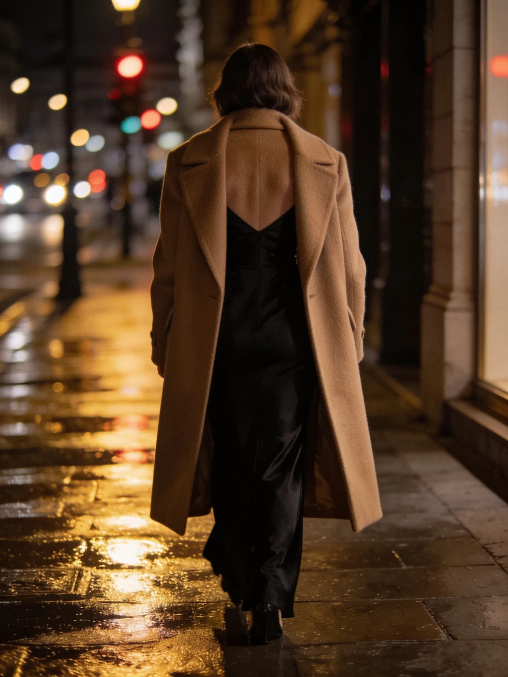 Juliette in a long overcoat, walking away along a rain-wet city street at night.