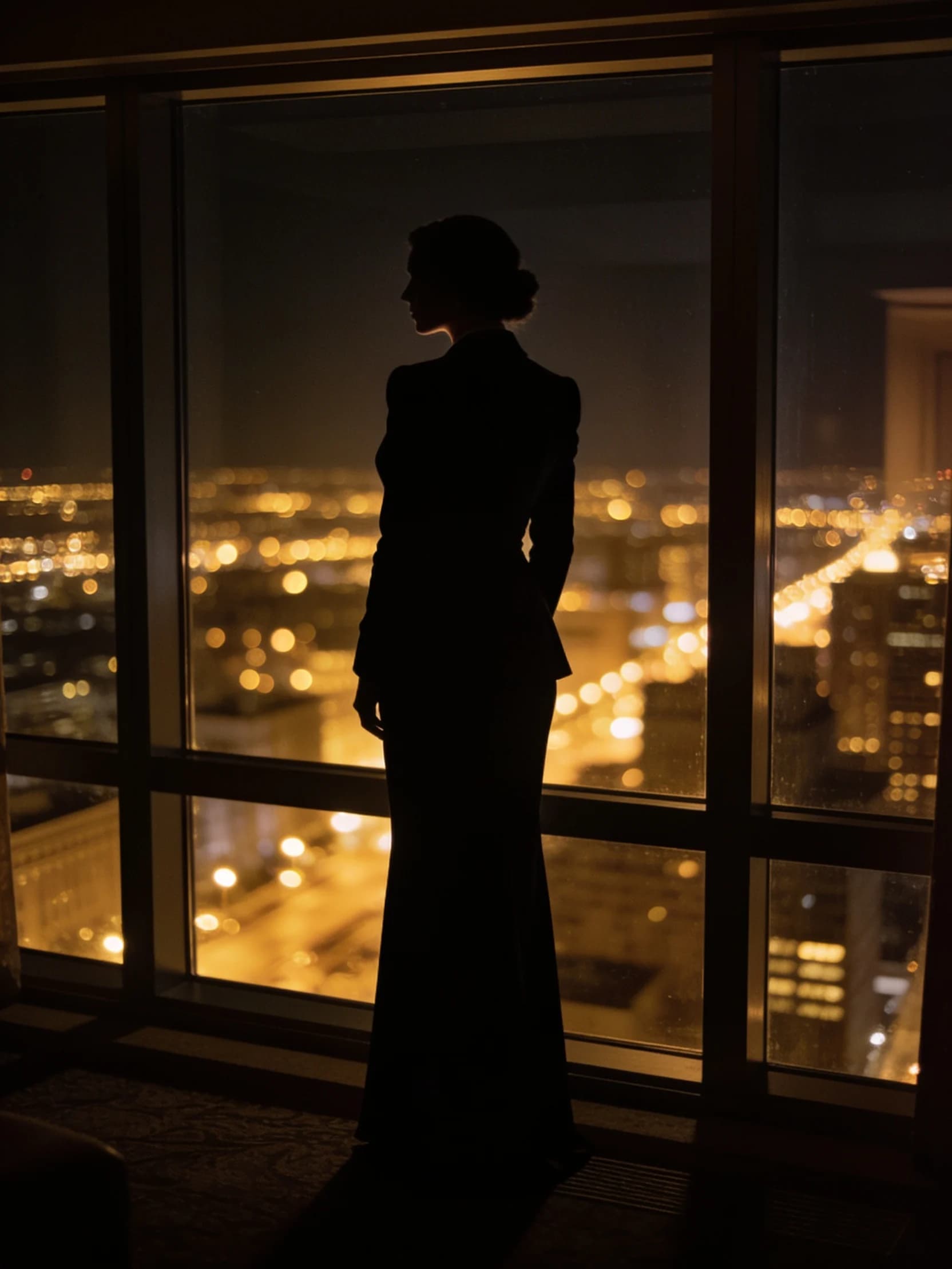 Rina in silhouette at a tall window, city lights beyond, at night.