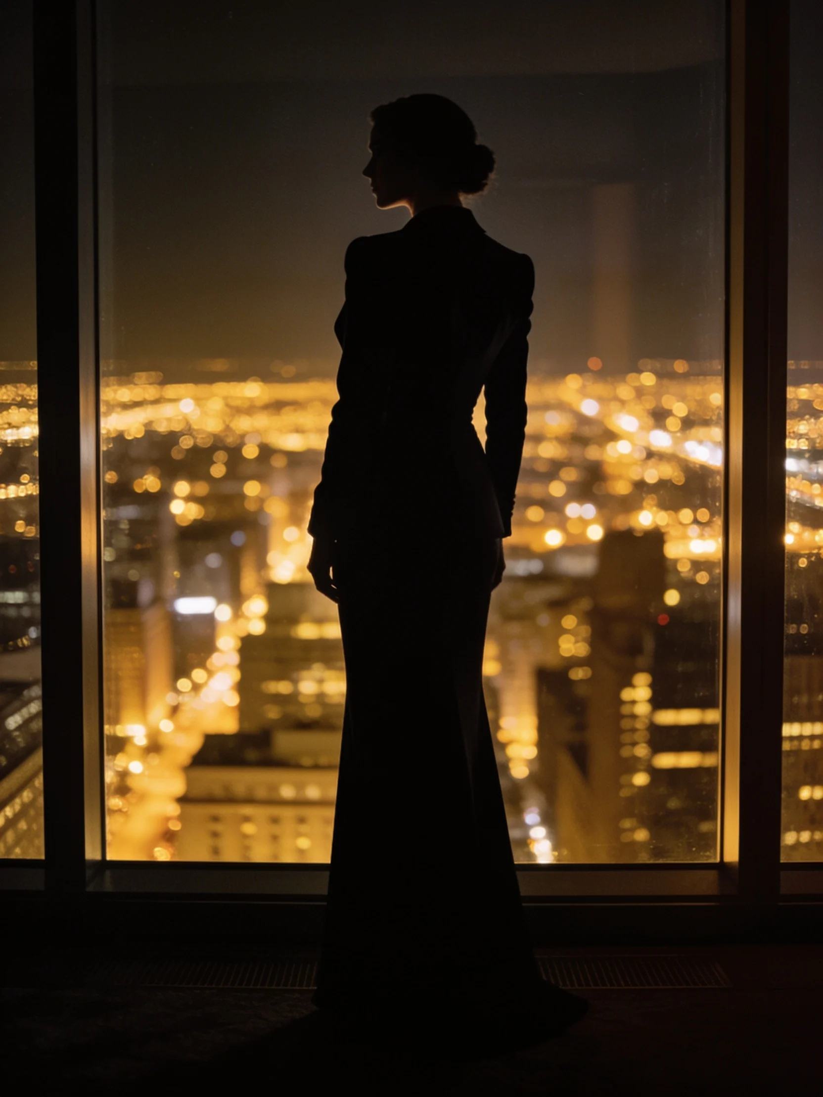 Sasha in silhouette at a tall window, city lights beyond, at night.
