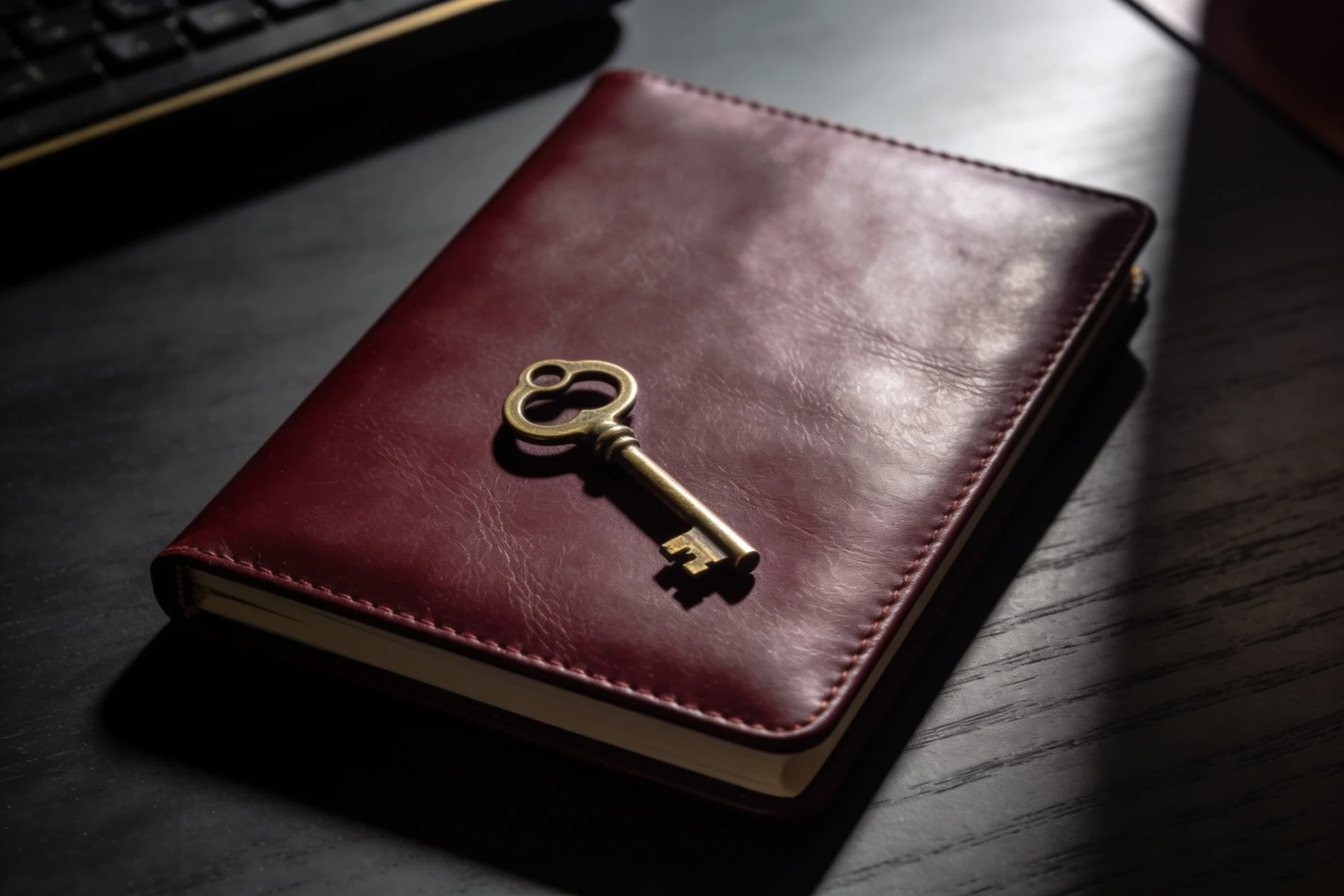 A closed leather ledger on a desk with a brass key resting on the cover, lit from one side.
