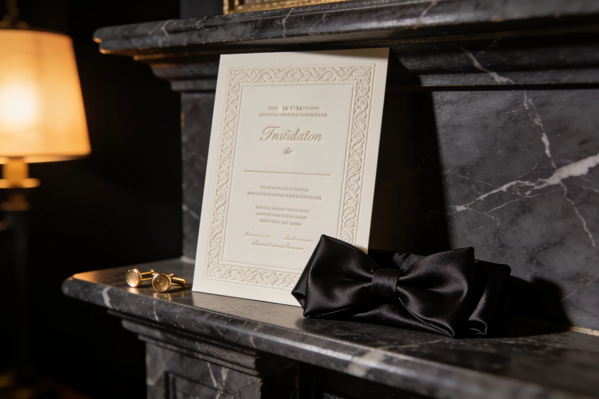A letterpress invitation card propped on a mantelpiece beside a folded black bow tie.