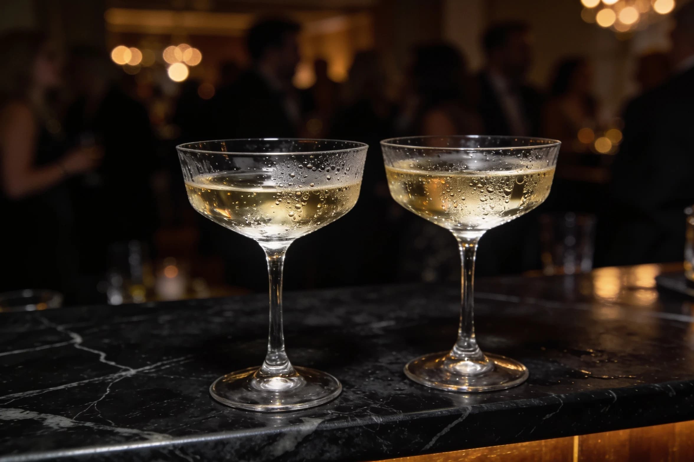 Two coupe glasses on a marble bar at a party, a blurred room of guests behind them.