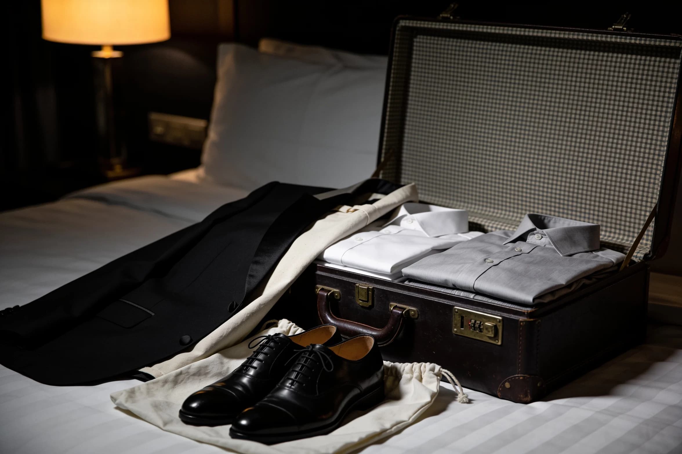 An open cabin case on a hotel bed at night, a dinner jacket in a garment sleeve laid beside it.