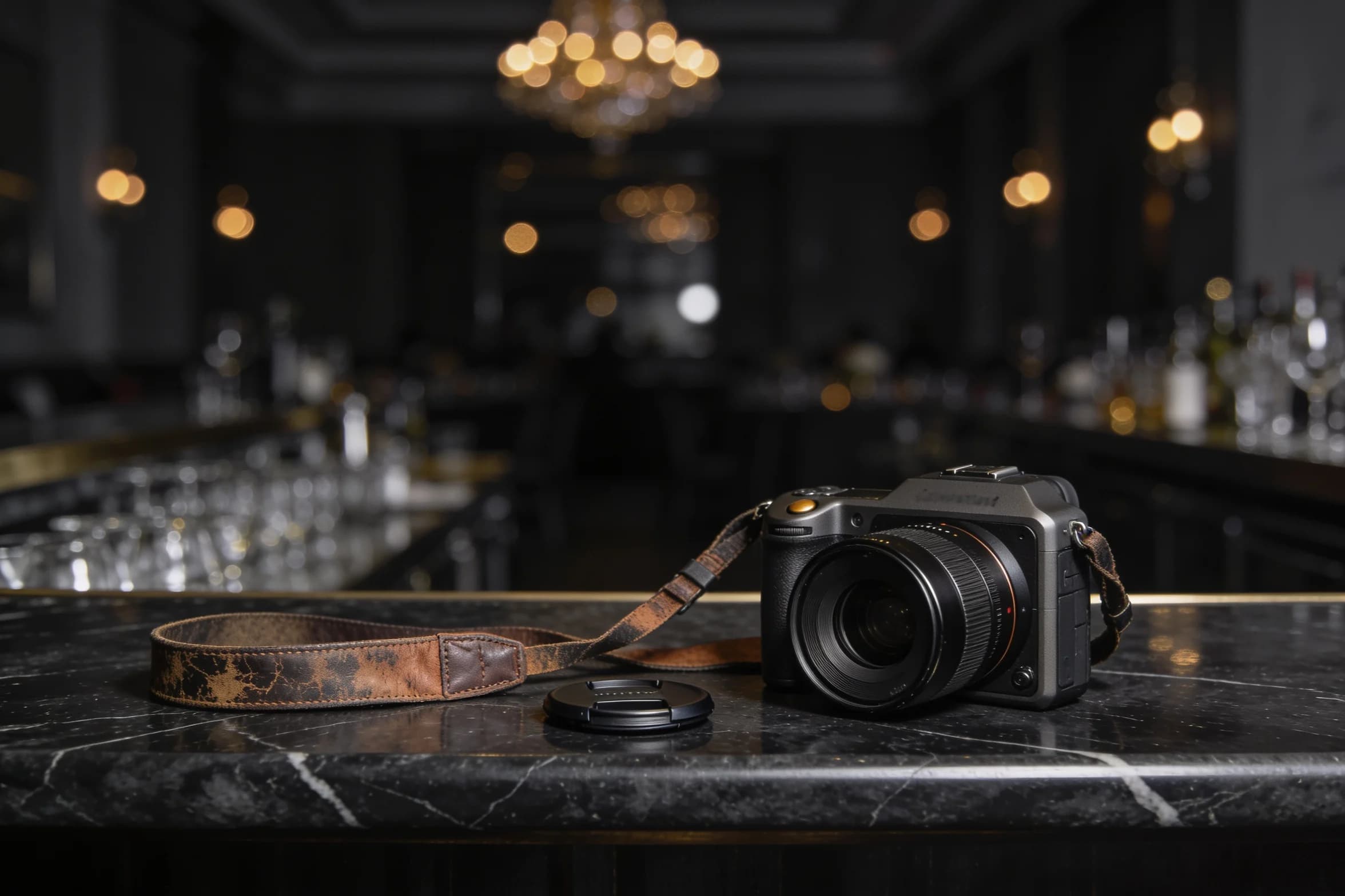 A camera on a strap resting on a bar top at an event, the room beyond out of focus.