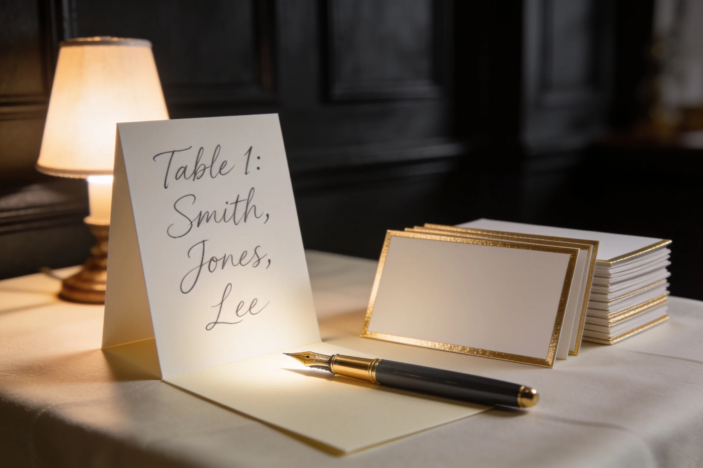A handwritten seating plan on a card table beside place cards and a fountain pen, by lamplight.