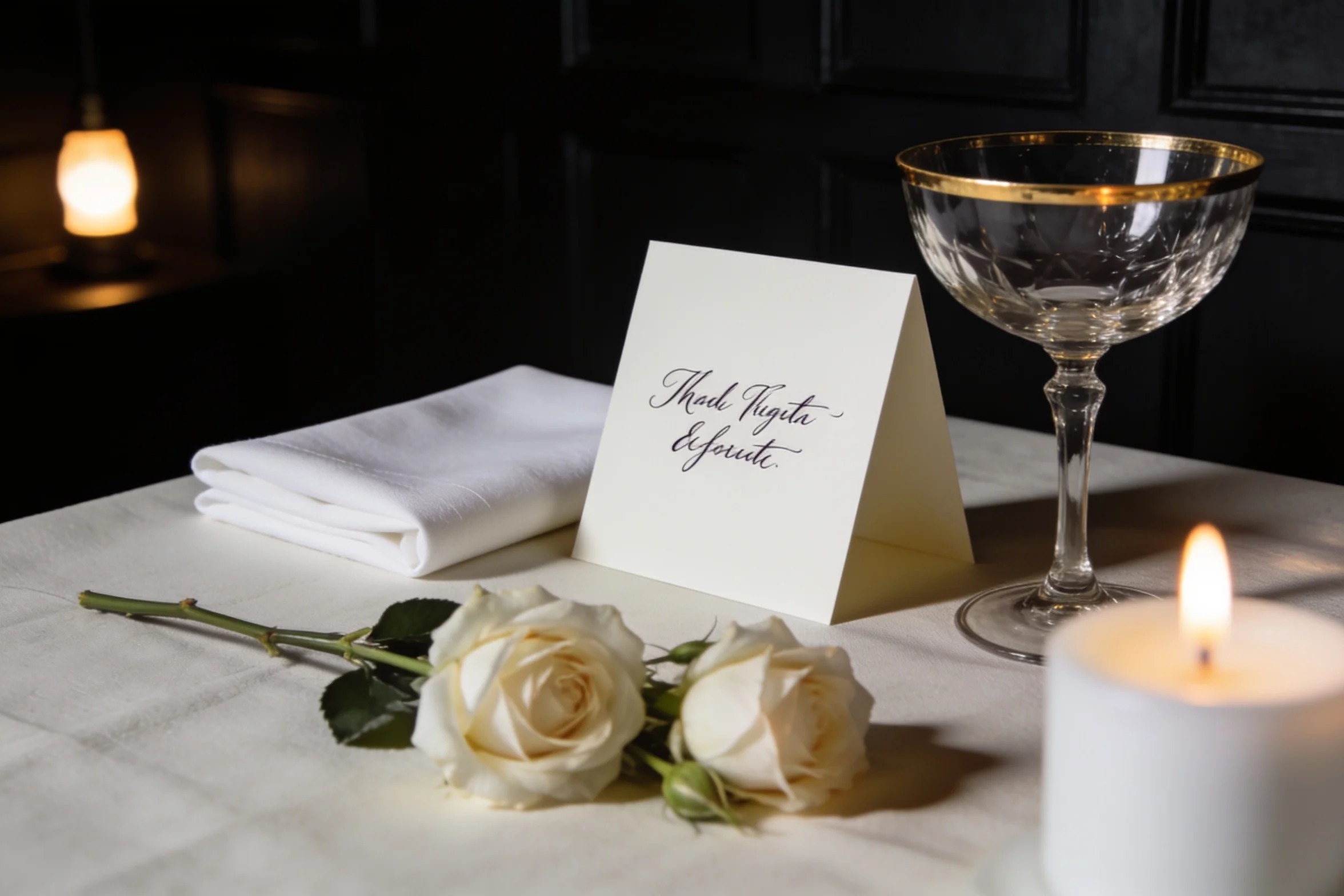 A wedding place card written in ink propped against a folded linen napkin, a gold-rimmed coupe and a candle beside it.