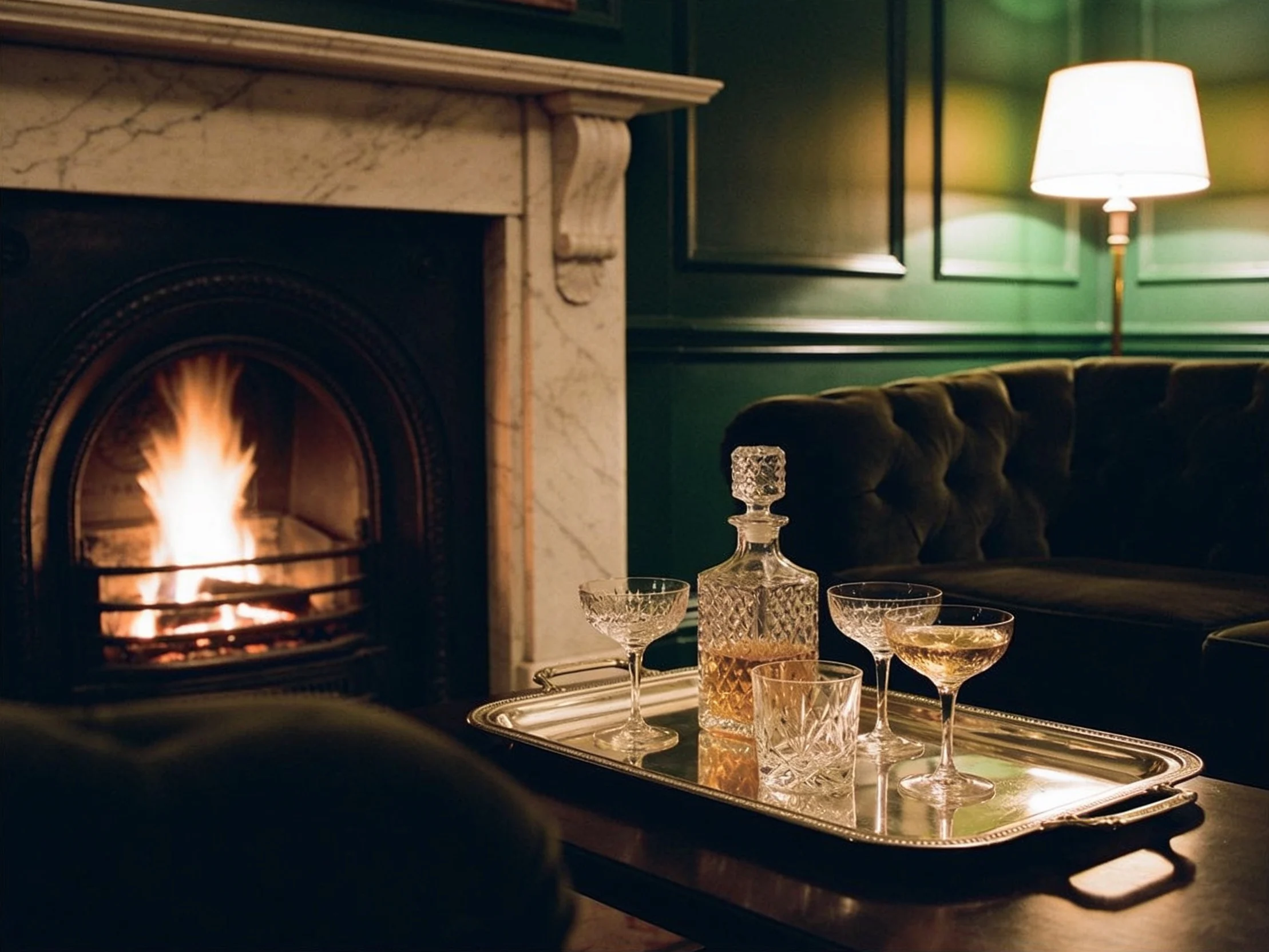 A townhouse drawing room set for drinks, crystal decanters on a butler’s tray beside a low fire.