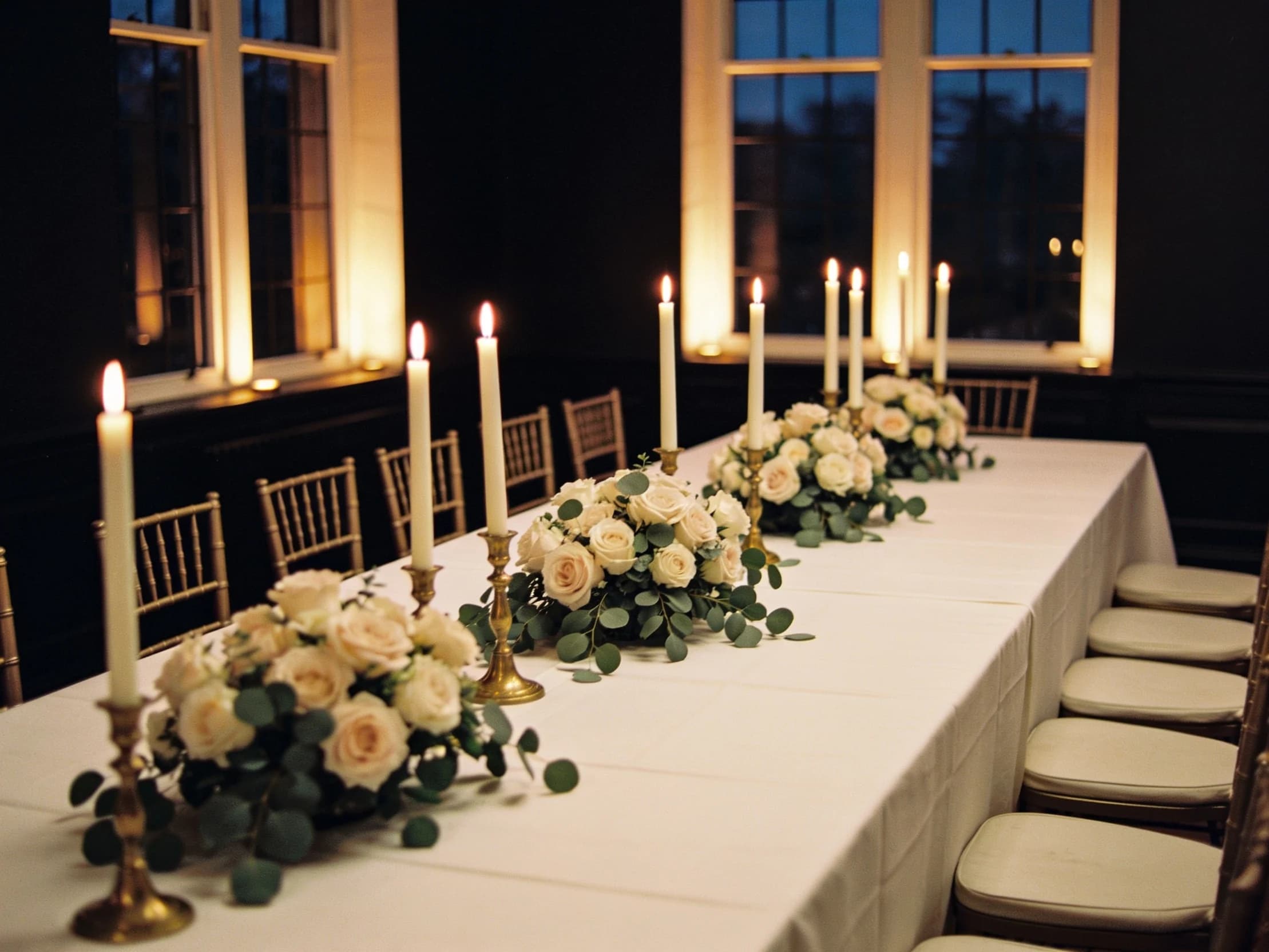A long celebration table with ivory candles and pale garden roses, chairs pushed slightly back.